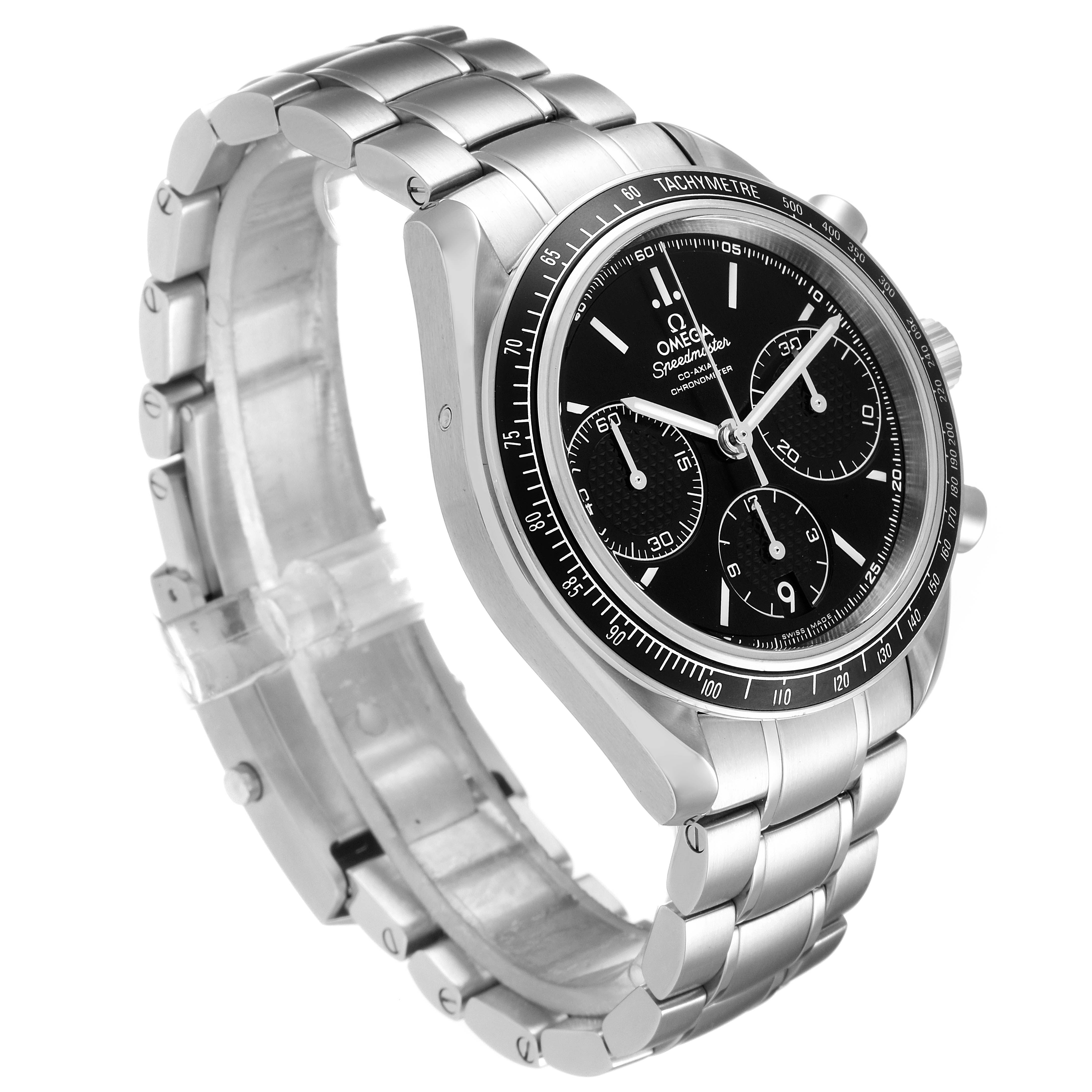 The Omega Speedmaster 326.30.40.50.01.001 Men
s Stainless Steel Black Dial 326.30.40.50.01.001 Men
s Stainless Steel Black Dial watch is shown at a three-quarter angle, highlighting its bracelet, bezel, and dial.