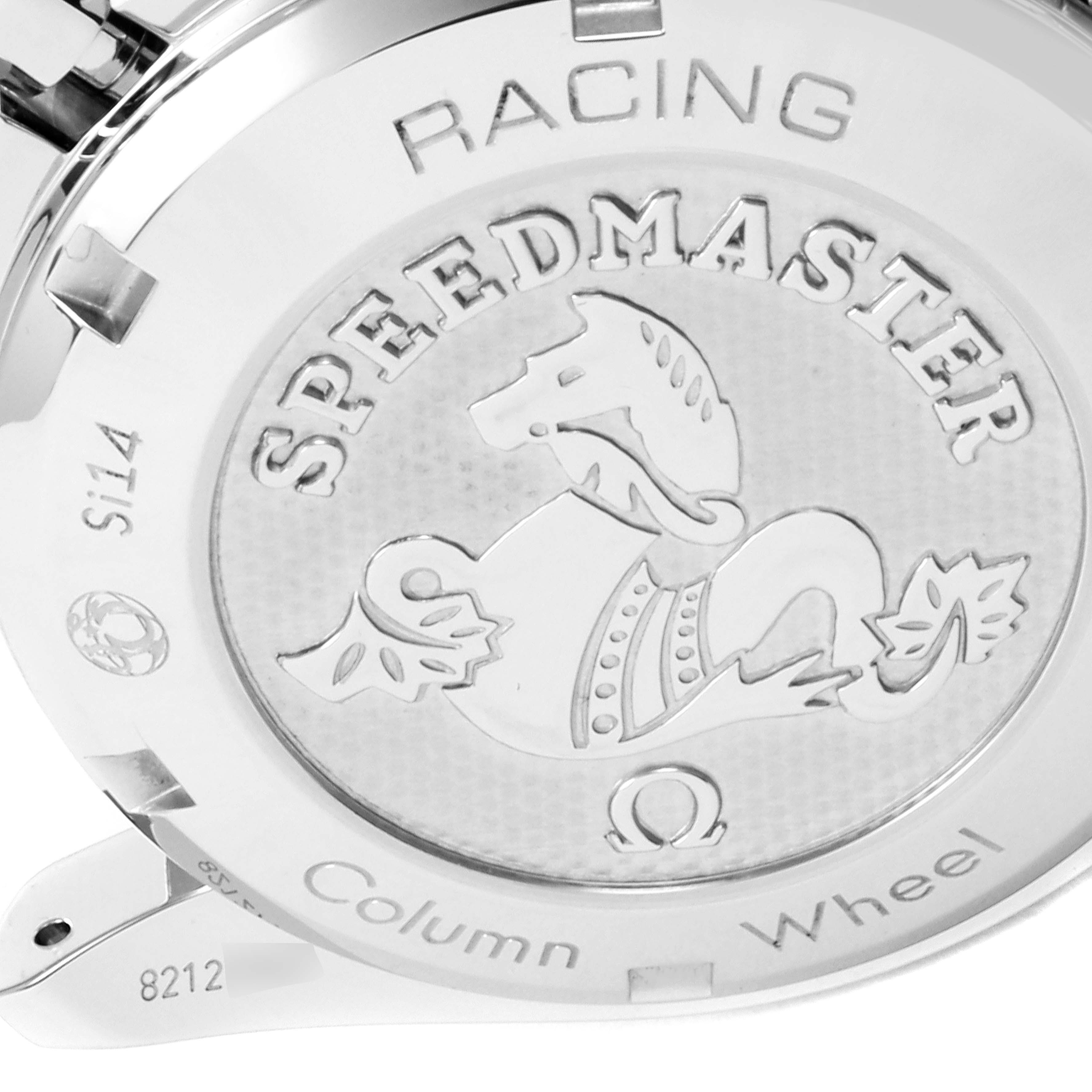 The image shows the back case of an Omega Speedmaster 326.30.40.50.01.001 Men
s Stainless Steel Black Dial 326.30.40.50.01.001 Men
s Stainless Steel Black Dial Racing watch, focusing on its engraved design and text.