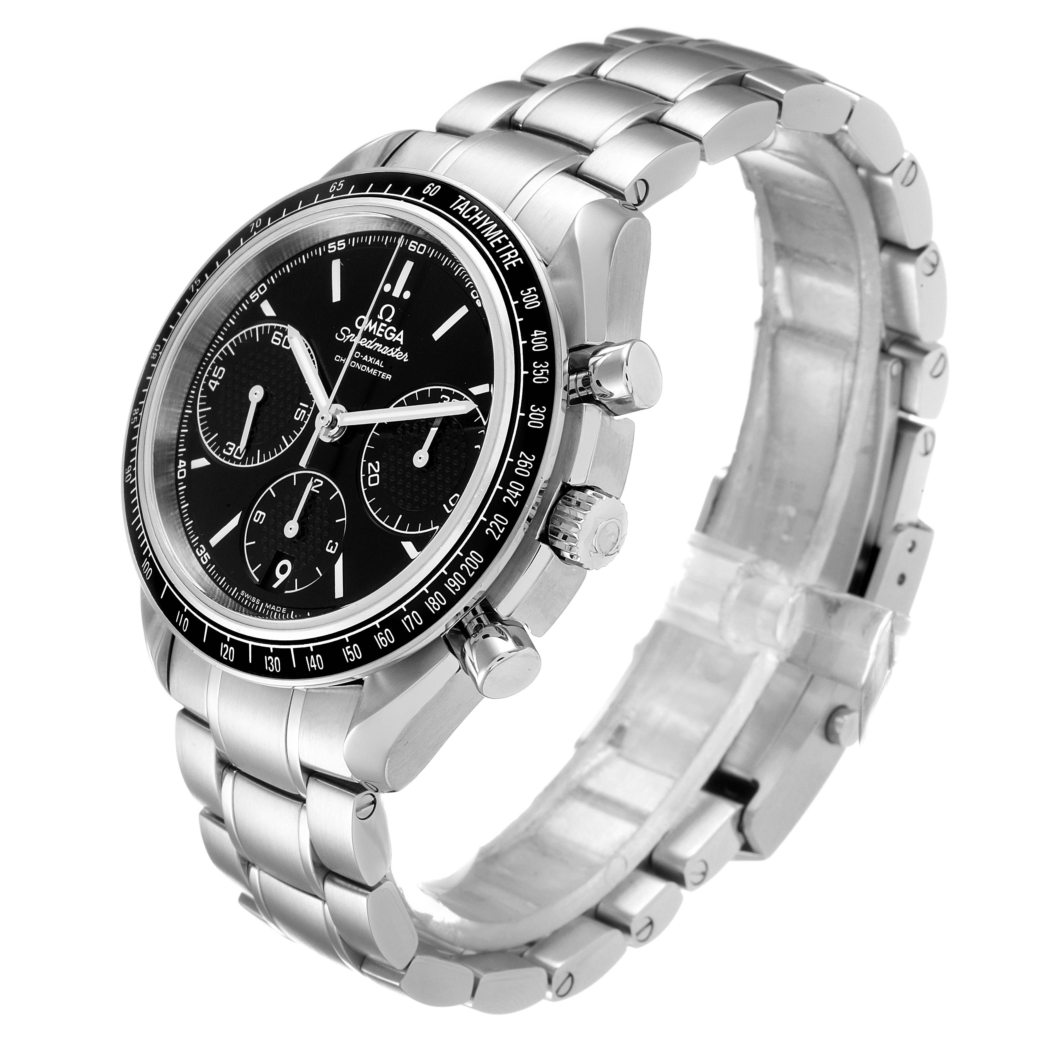 The Omega Speedmaster 326.30.40.50.01.001 Men
s Stainless Steel Black Dial 326.30.40.50.01.001 Men
s Stainless Steel Black Dial watch is shown at a slight angle, displaying its face, band, and side buttons.
