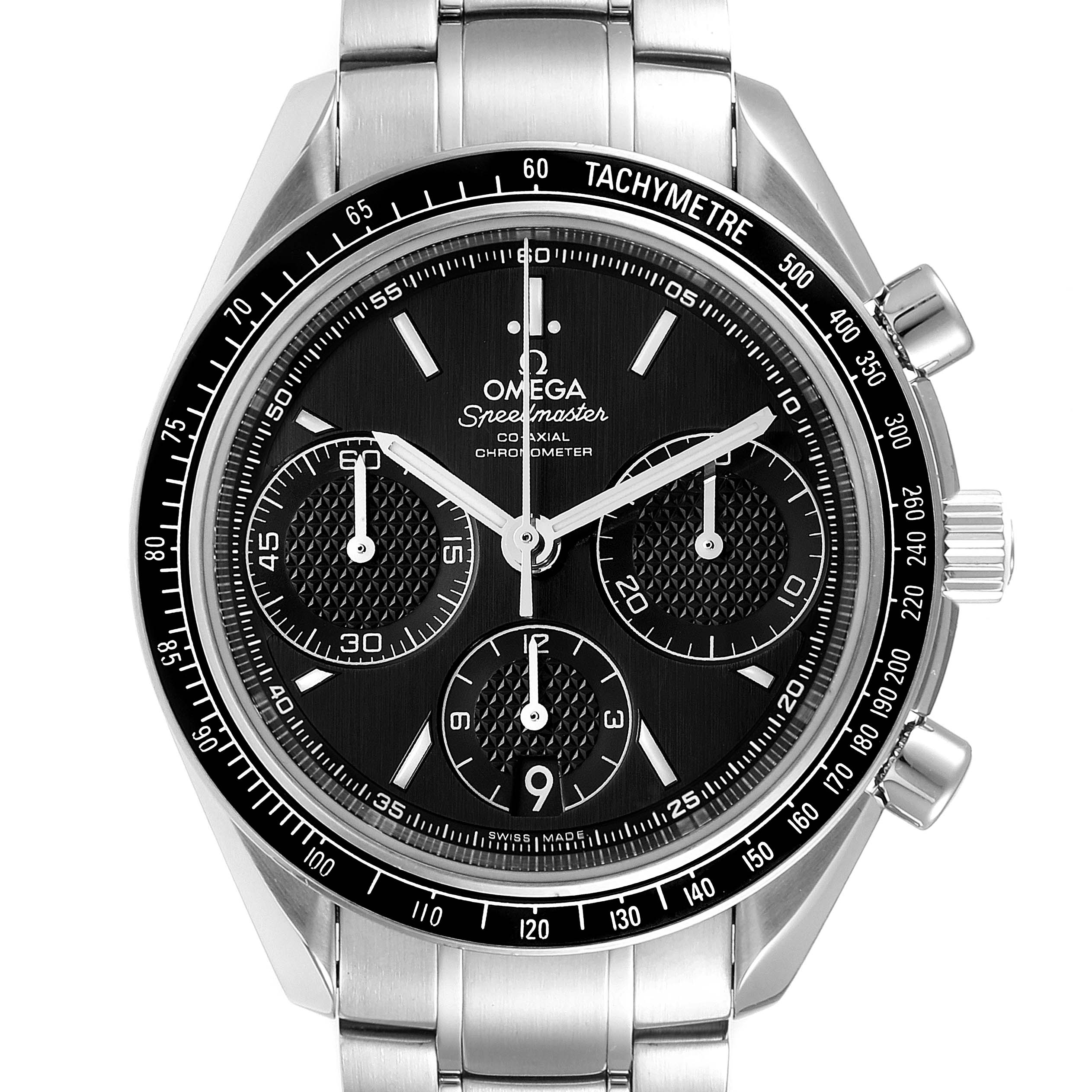 This image shows a frontal view of the Omega Speedmaster 326.30.40.50.01.001 Men
s Stainless Steel Black Dial 326.30.40.50.01.001 Men
s Stainless Steel Black Dial watch, highlighting its dial, tachymeter bezel, and stainless steel bracelet.