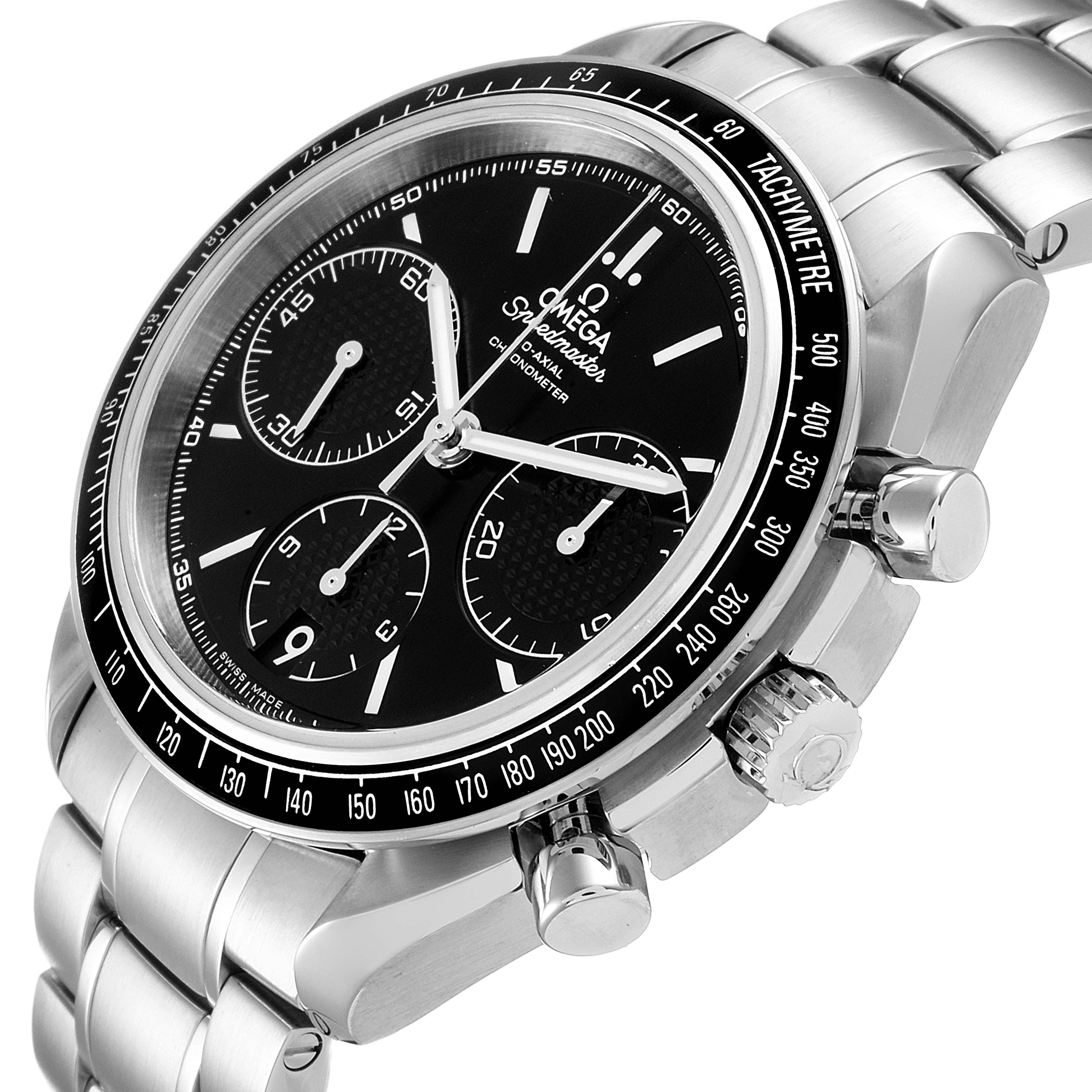 This image shows a close-up angle of the Omega Speedmaster 326.30.40.50.01.001 Men
s Stainless Steel Black Dial 326.30.40.50.01.001 Men
s Stainless Steel Black Dial watch
s dial, bezel, crown, and stainless steel bracelet.