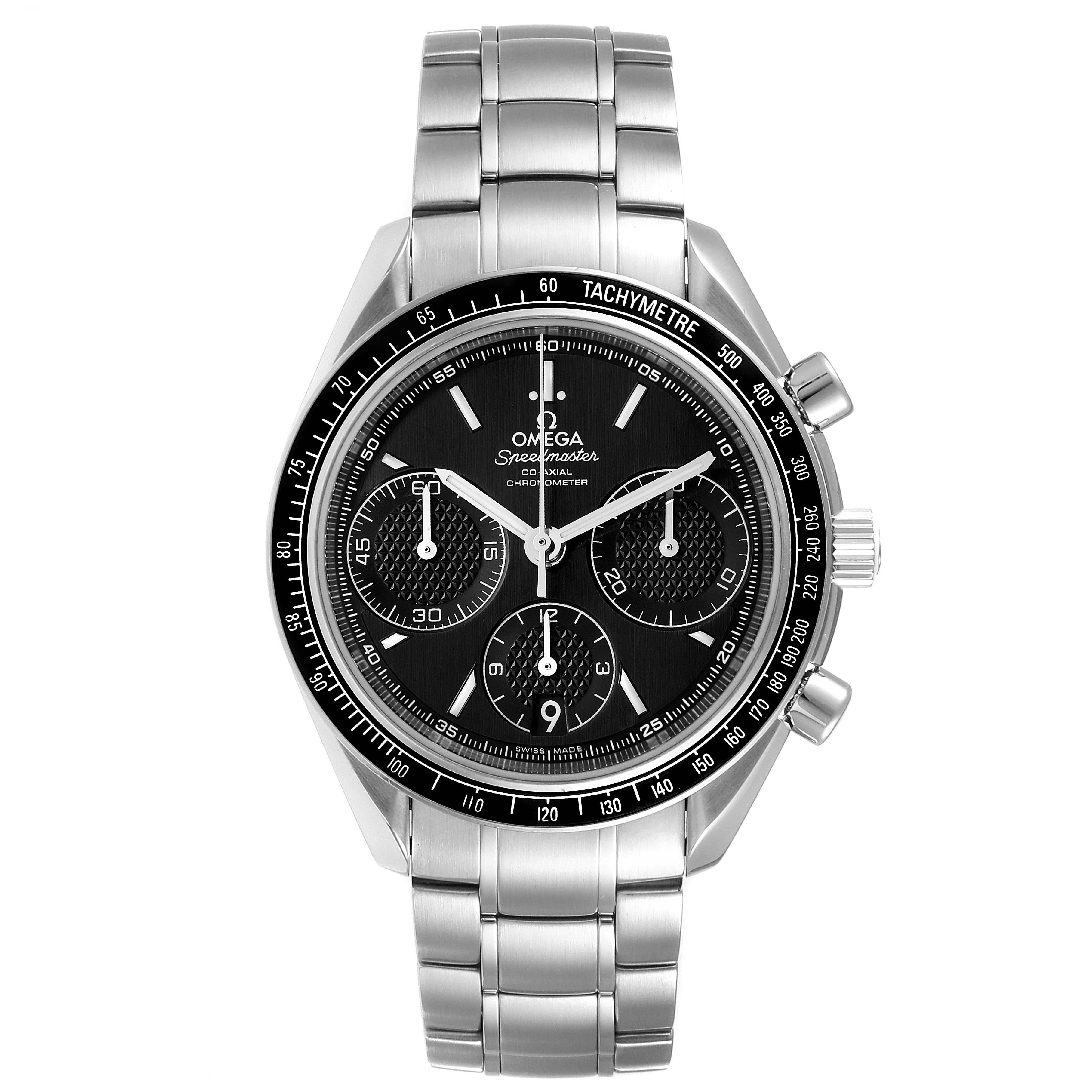 The Omega Speedmaster 326.30.40.50.01.001 Men
s Stainless Steel Black Dial 326.30.40.50.01.001 Men
s Stainless Steel Black Dial watch is shown from a front angle, displaying the dial, bezel, chronograph subdials, and stainless steel bracelet.