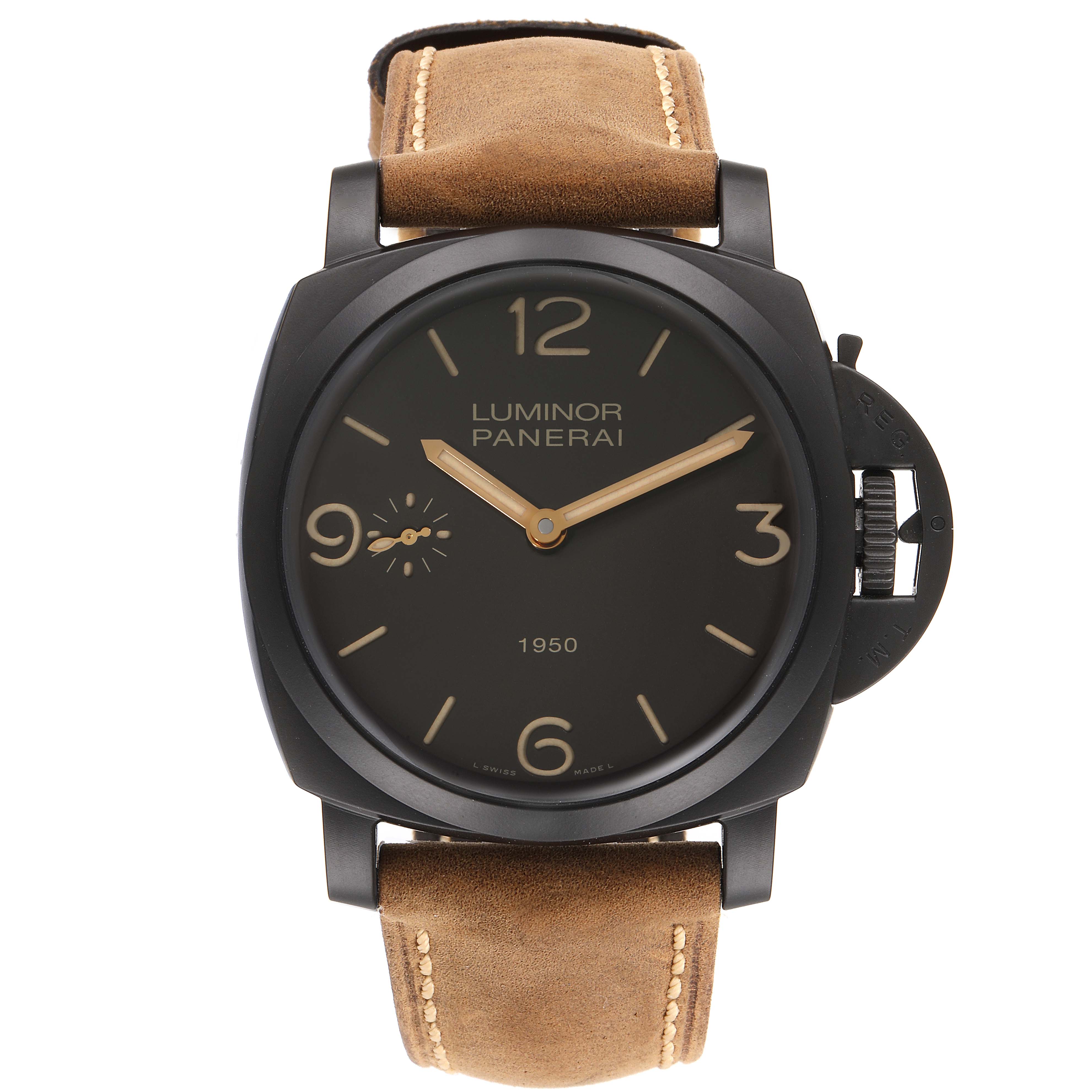 The Panerai Luminor PAM00375 Men's Titanium Black Dial PAM00375 Men's Titanium Black Dial watch is shown from the front, highlighting its black dial, tan leather strap, and distinctive crown guard.