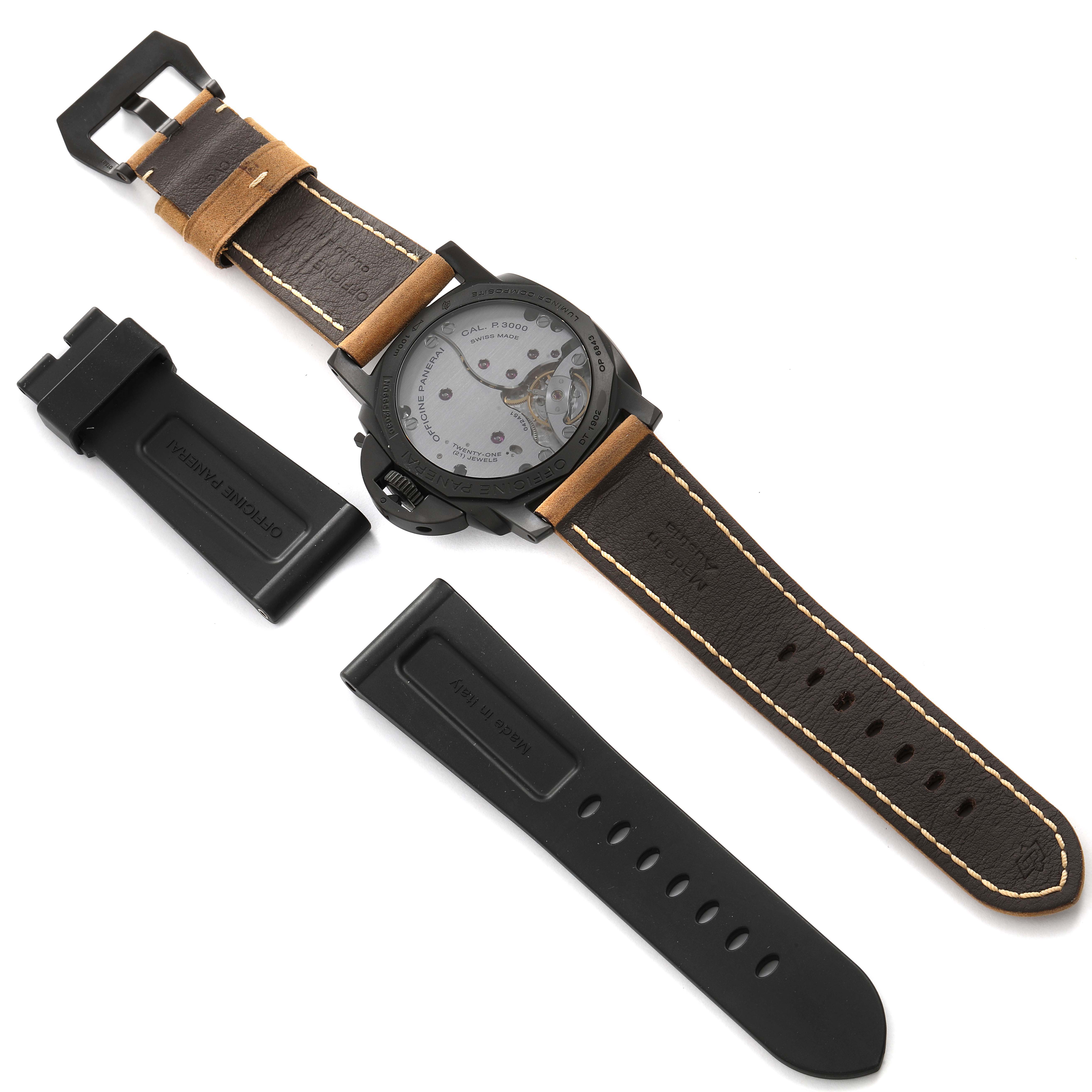 The image shows the back view of a Panerai Luminor PAM00375 Men's Titanium Black Dial PAM00375 Men's Titanium Black Dial watch along with additional leather and rubber straps.