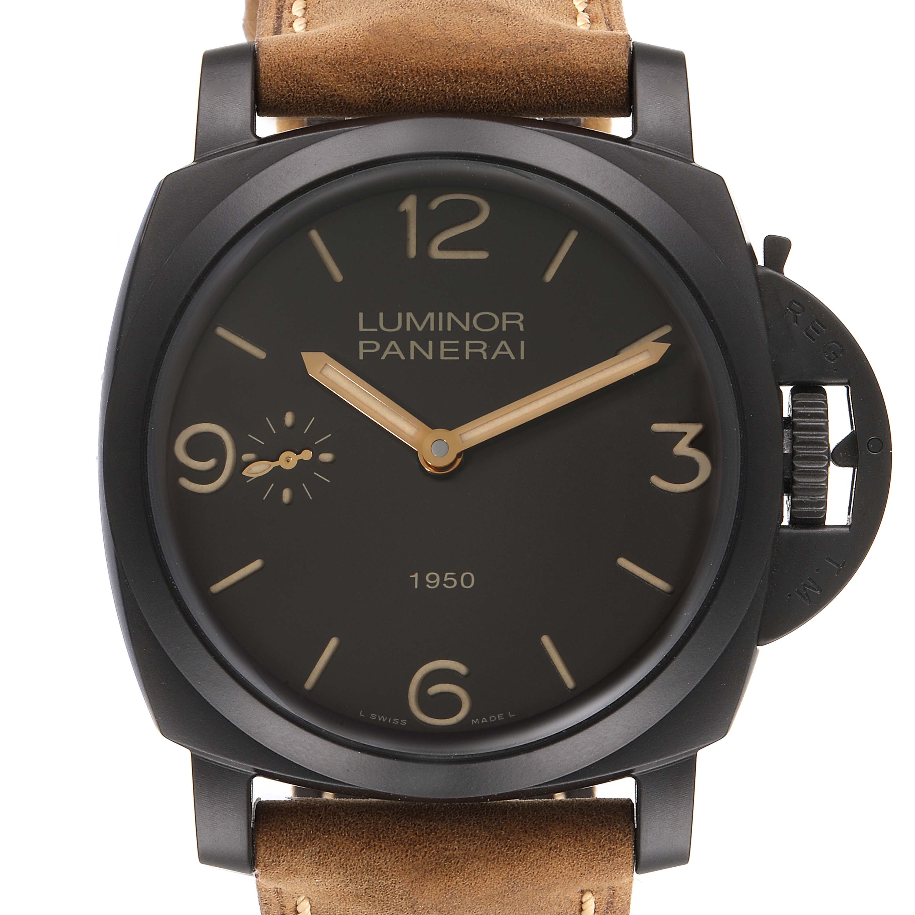 This image shows a front view of a Panerai Luminor PAM00375 Men's Titanium Black Dial PAM00375 Men's Titanium Black Dial 1950 watch with a brown leather strap.