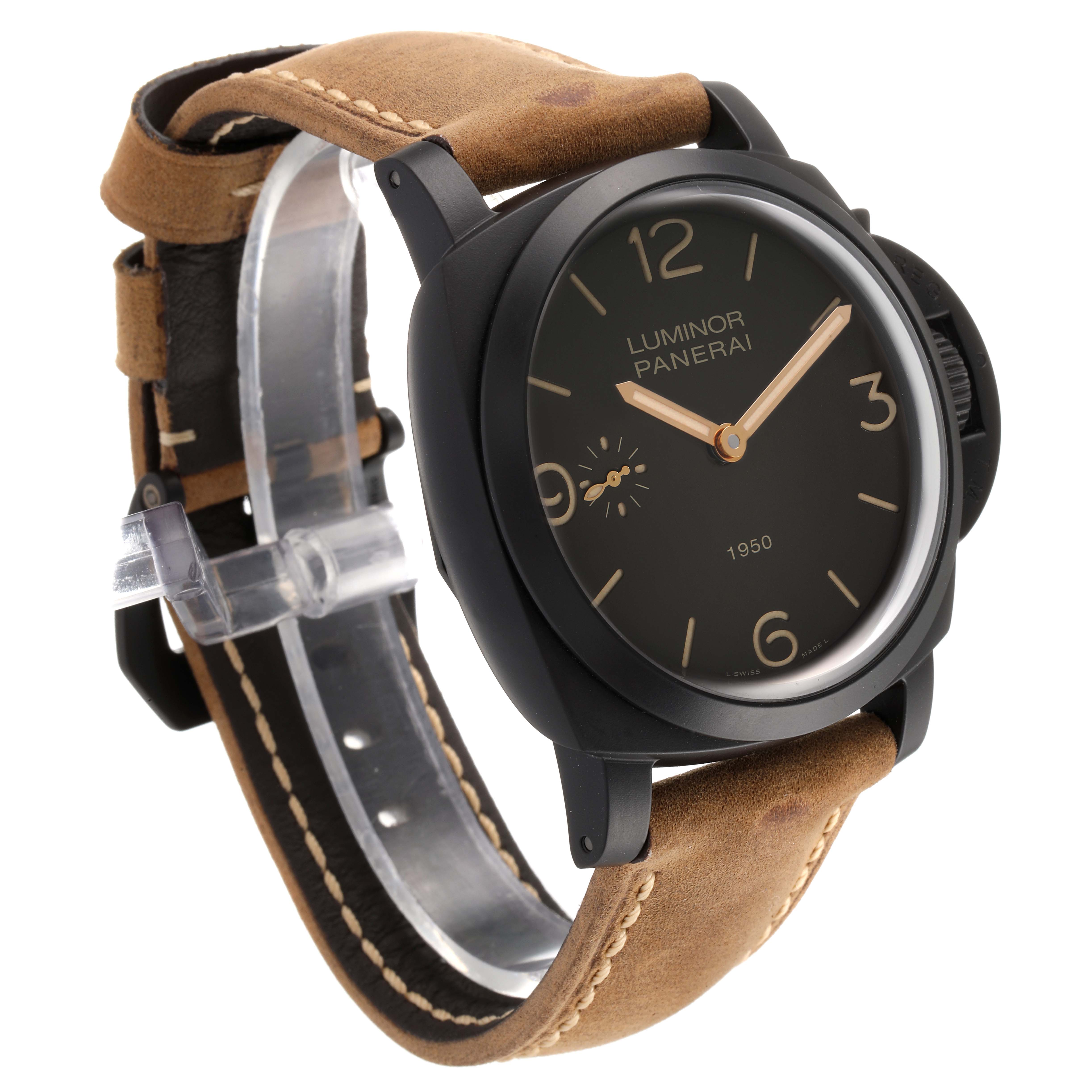 The Panerai Luminor PAM00375 Men's Titanium Black Dial PAM00375 Men's Titanium Black Dial watch is shown at an angle highlighting its face and brown leather strap.