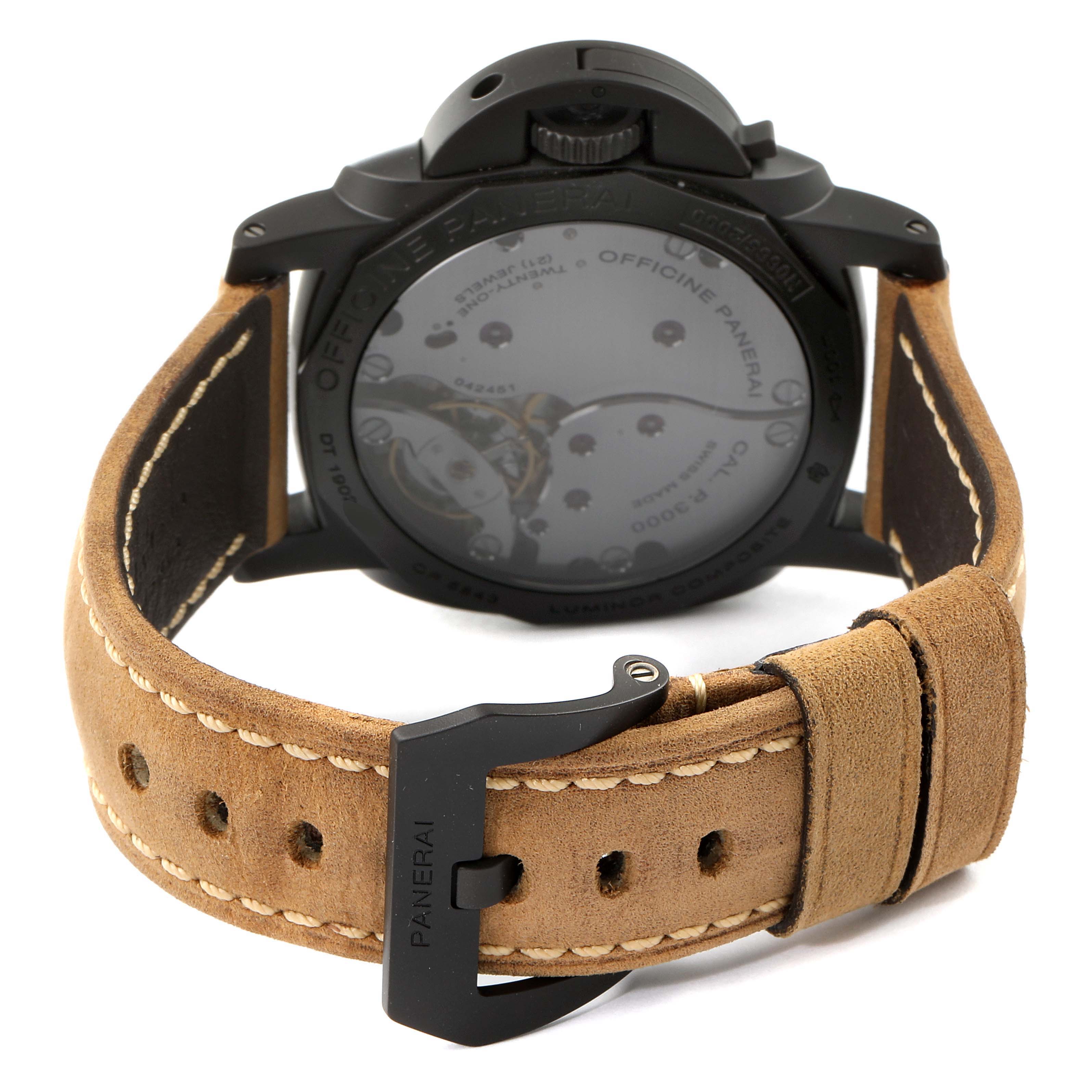 The image shows the back view of a Panerai Luminor PAM00375 Men's Titanium Black Dial PAM00375 Men's Titanium Black Dial watch, featuring its case back and leather strap with buckle.