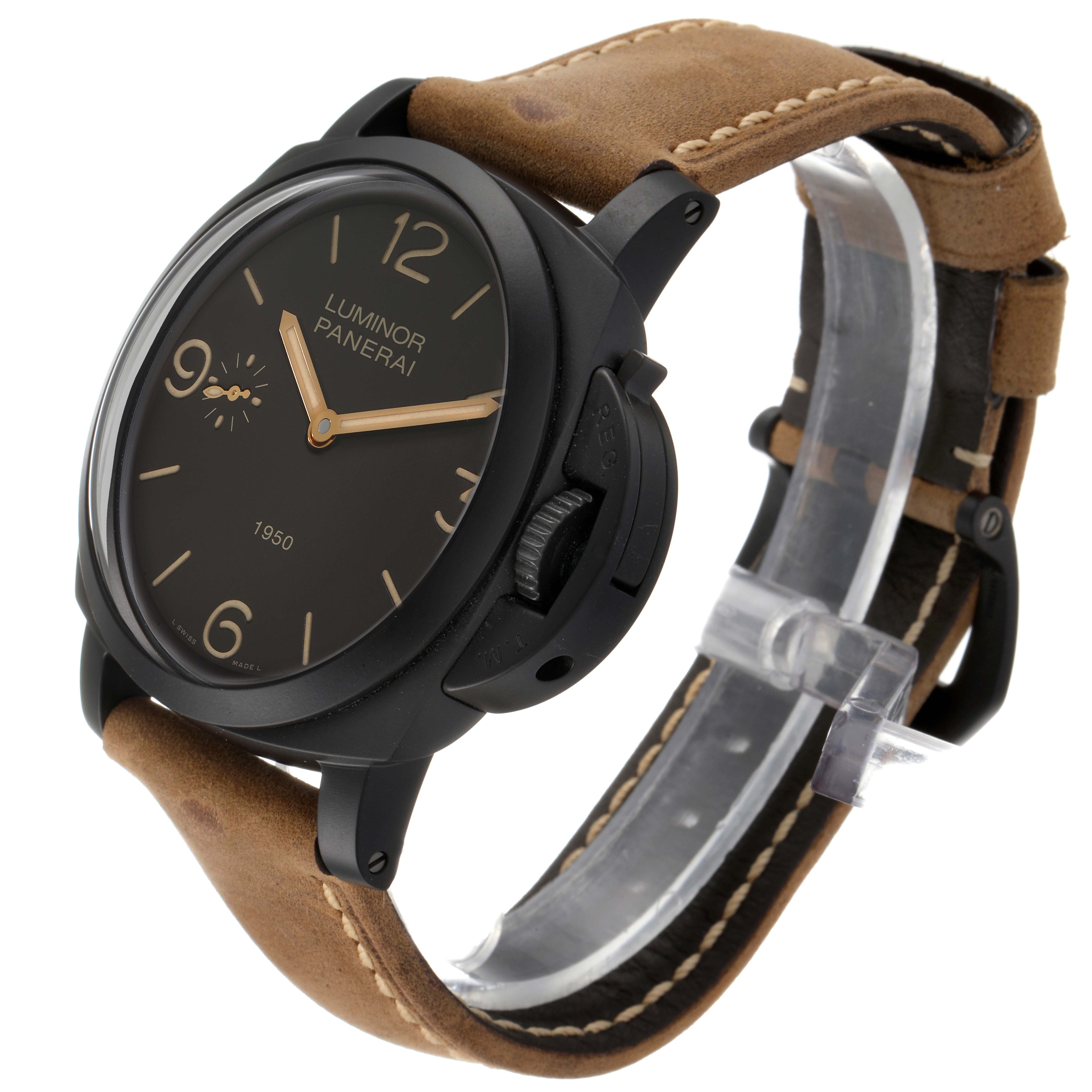 The image shows a Panerai Luminor PAM00375 Men's Titanium Black Dial PAM00375 Men's Titanium Black Dial watch at an angle highlighting the face, casing, and tan leather strap.