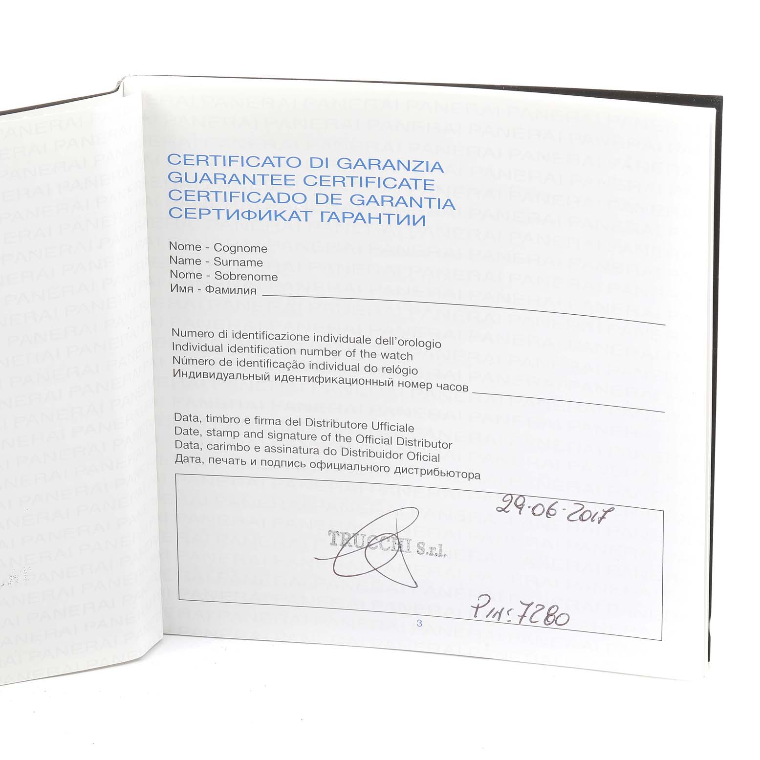 The image shows the guarantee certificate for a Luminor model by Panerai, opened to display its contents.