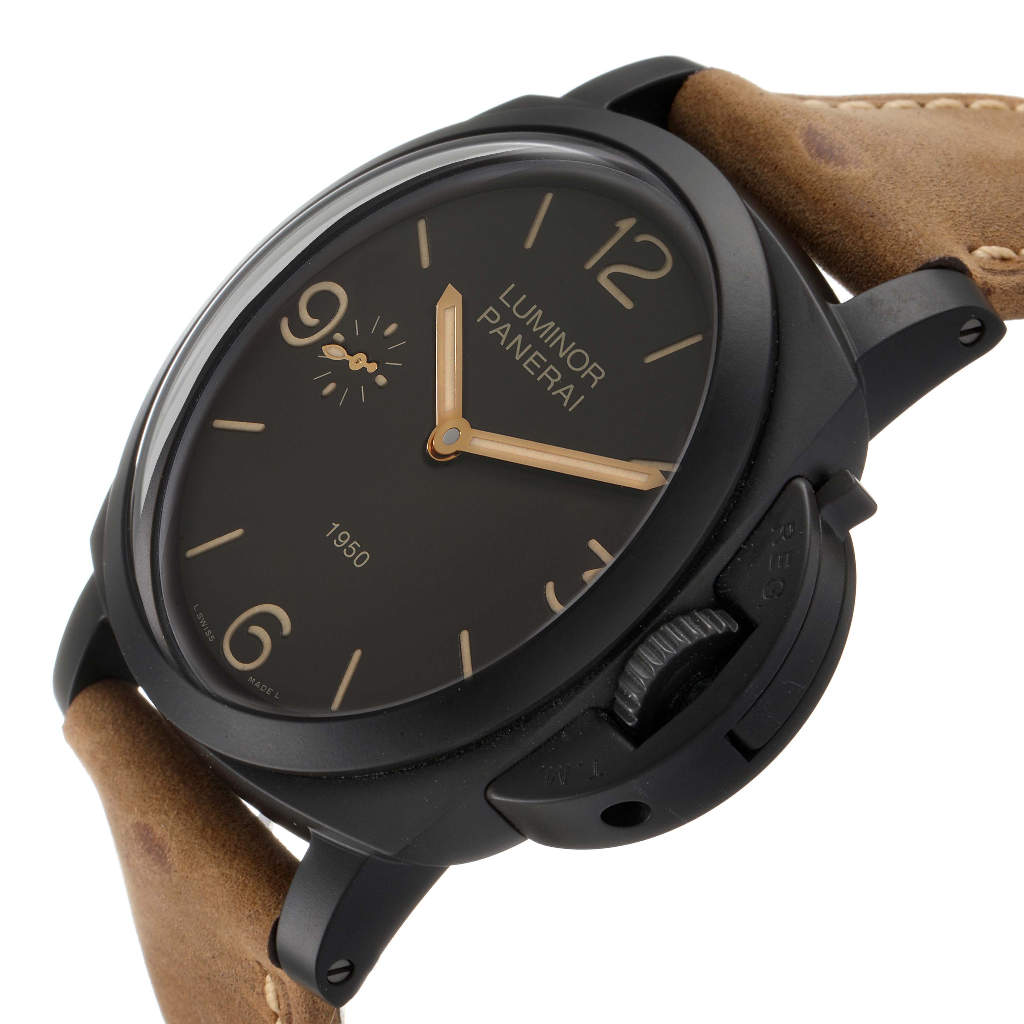 This image shows a Panerai Luminor PAM00375 Men's Titanium Black Dial PAM00375 Men's Titanium Black Dial watch at a slight side angle, highlighting its dial, crown guard, and tan leather strap.