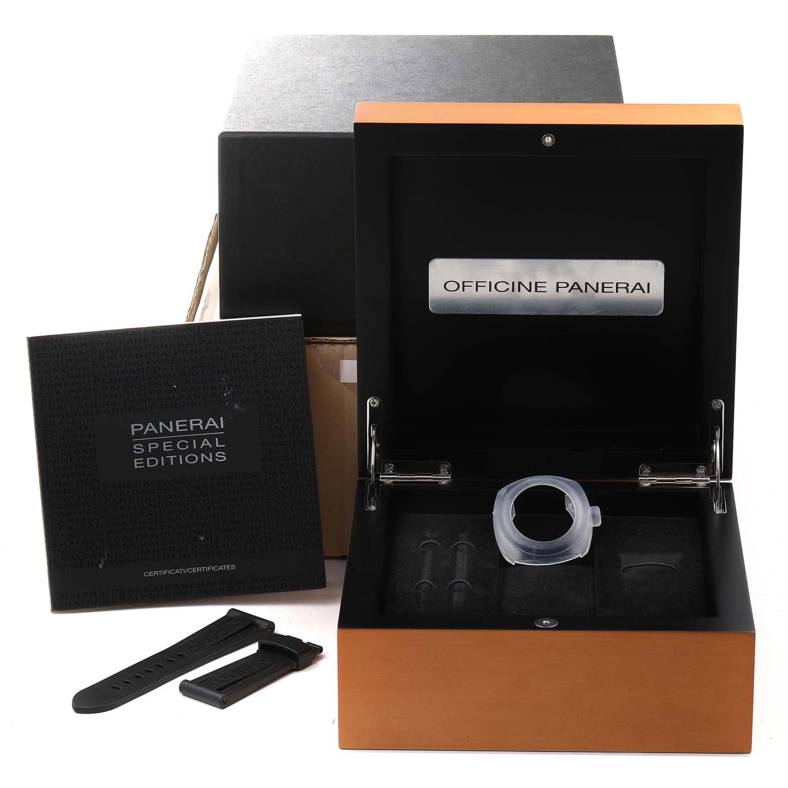 The image shows an open box for a Panerai Luminor PAM00375 Men's Titanium Black Dial PAM00375 Men's Titanium Black Dial watch, including additional straps and accessories.