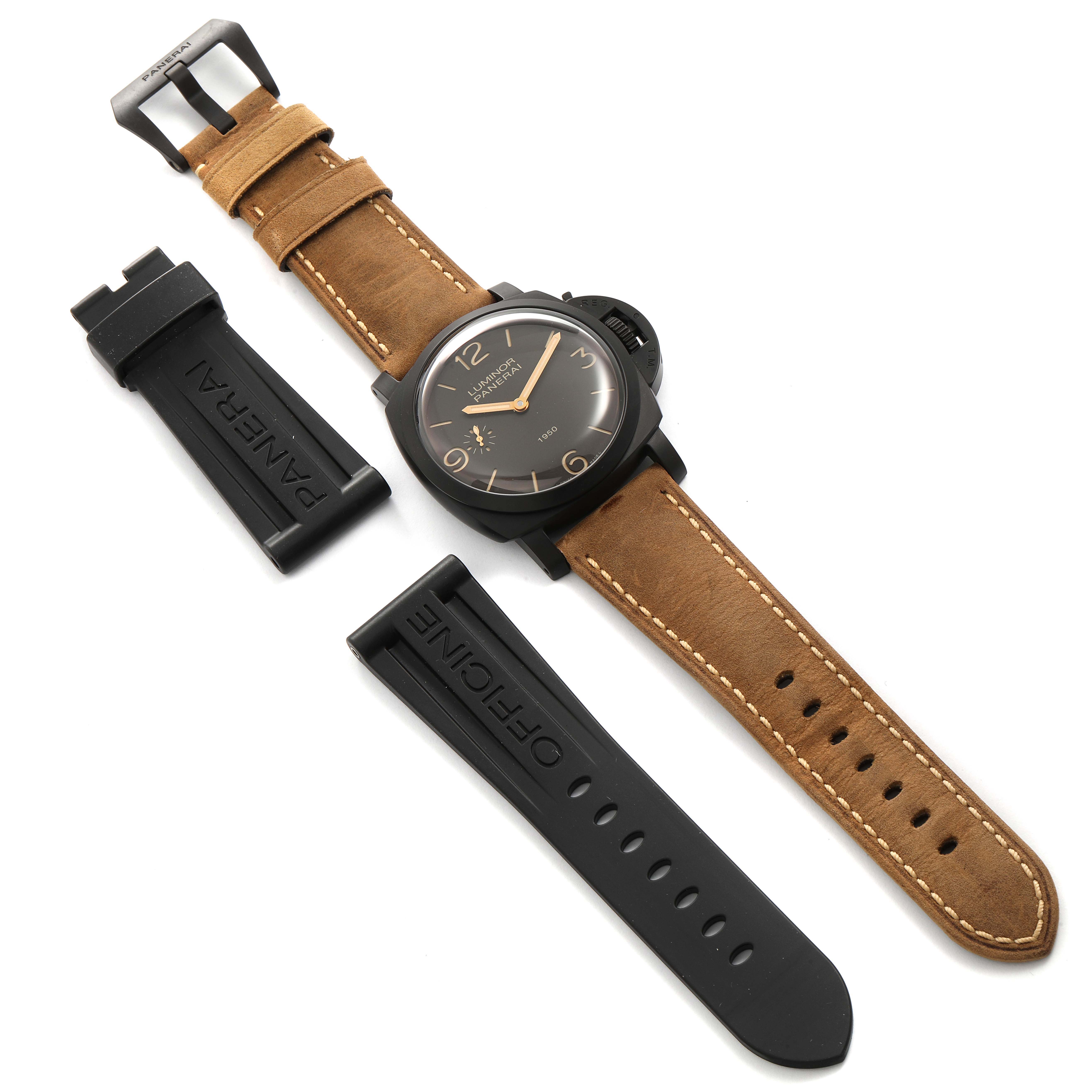 The image shows a Panerai Luminor PAM00375 Men's Titanium Black Dial PAM00375 Men's Titanium Black Dial watch with a brown leather strap and two black rubber straps as accessories.