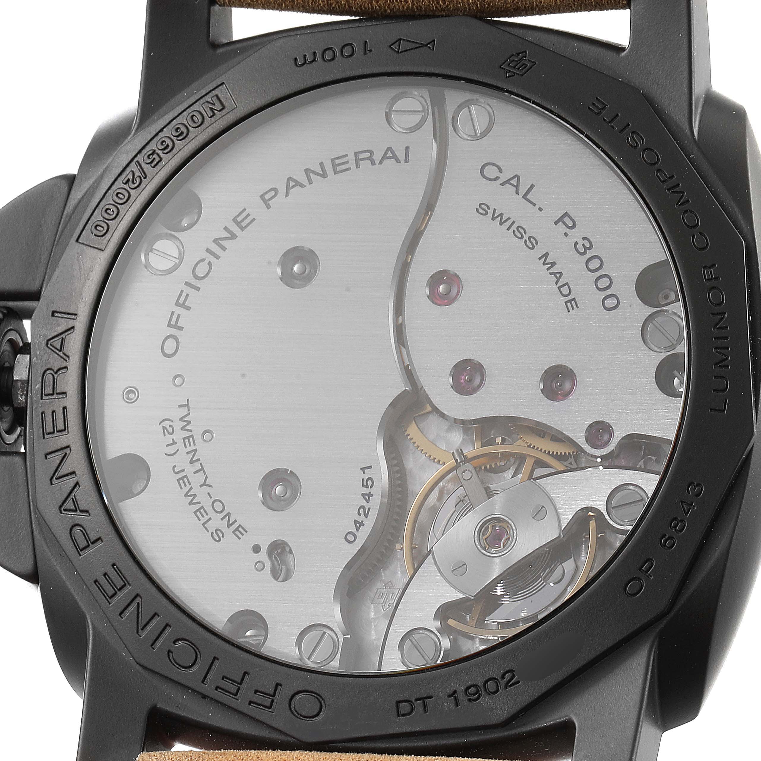 This is a rear view of a Panerai Luminor PAM00375 Men's Titanium Black Dial PAM00375 Men's Titanium Black Dial watch showcasing its transparent case back and movement mechanism.