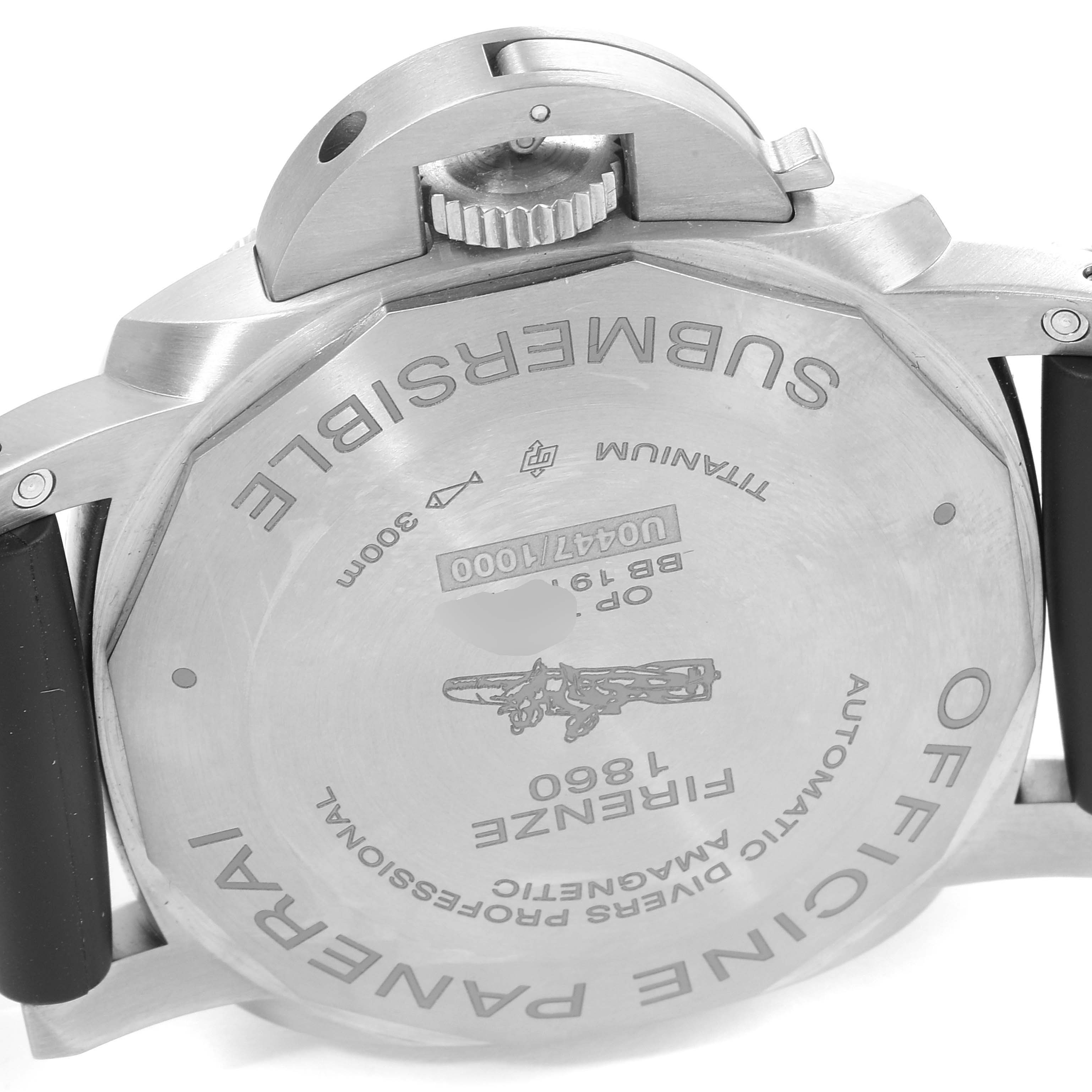 This image shows the back case and crown guard of the Panerai Submersible PAM01389 Men's Titanium Black Dial PAM01389 Men's Titanium Black Dial watch.