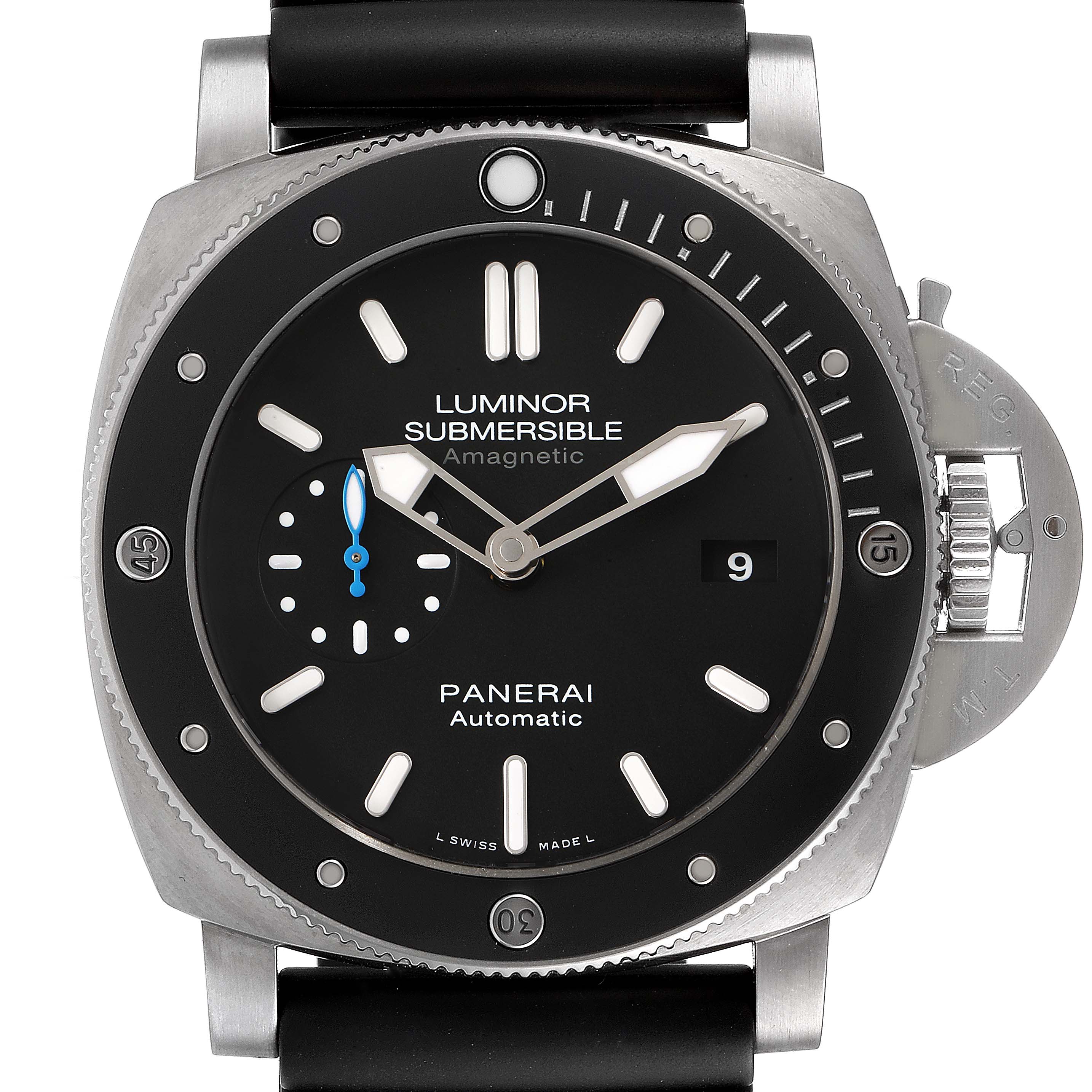 The image shows a front view of a Panerai Submersible PAM01389 Men's Titanium Black Dial PAM01389 Men's Titanium Black Dial watch, highlighting the dial, bezel, and crown guard.