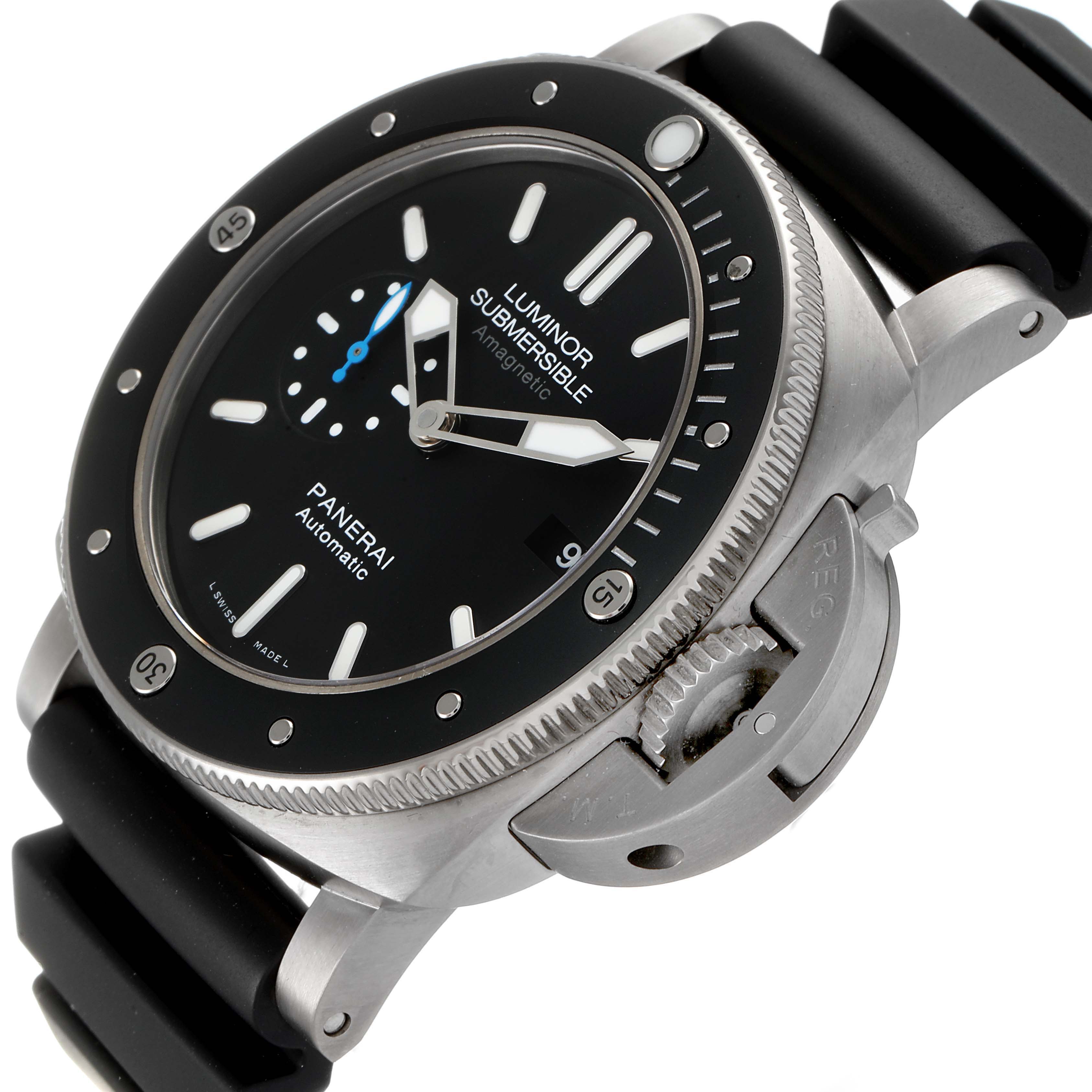 The image shows a close-up angle of a Panerai Submersible PAM01389 Men's Titanium Black Dial PAM01389 Men's Titanium Black Dial watch, highlighting the bezel, dial, crown guard, and part of the strap.
