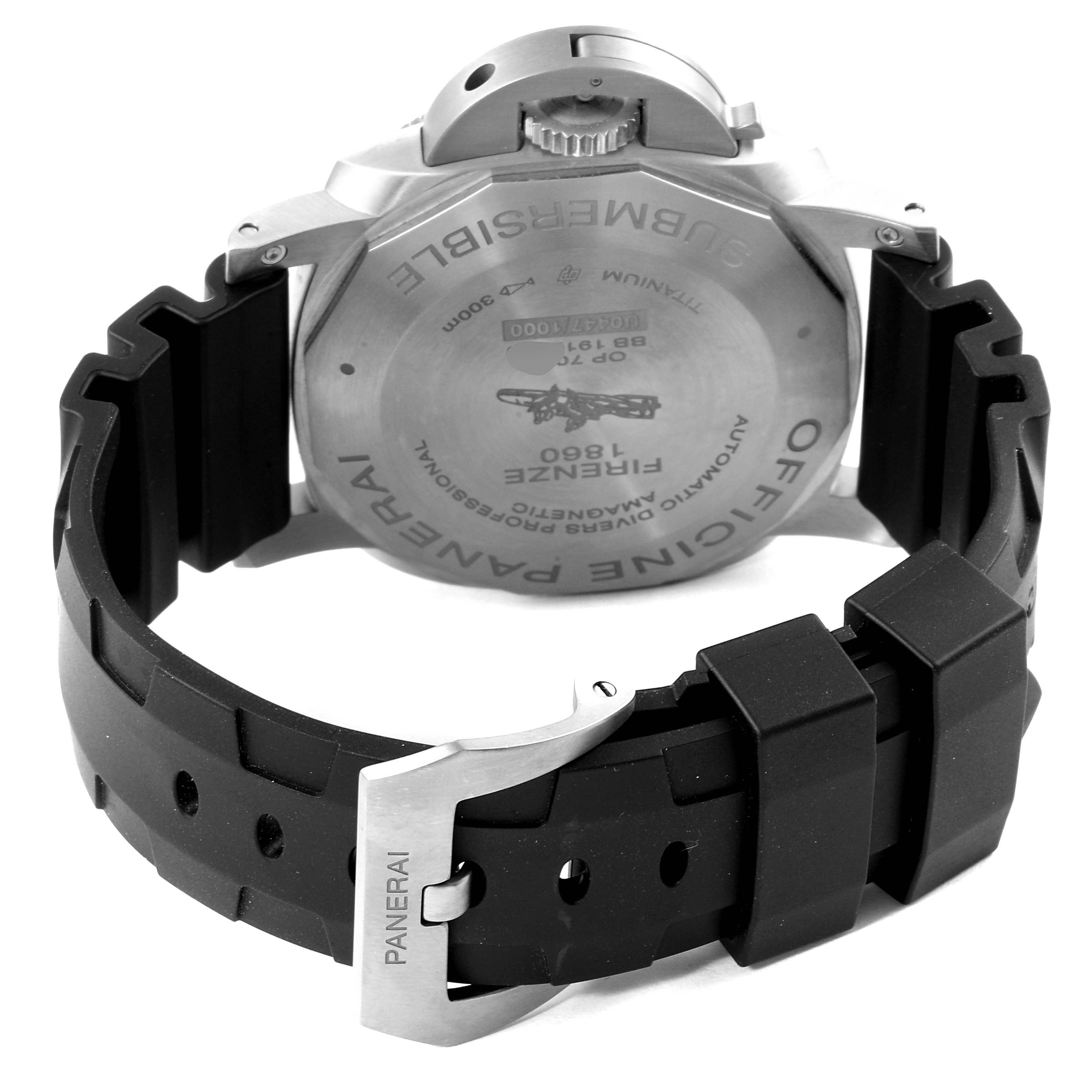 The image shows the back and strap of a Panerai Submersible PAM01389 Men's Titanium Black Dial PAM01389 Men's Titanium Black Dial watch, featuring the case back and the rubber strap with the buckle.