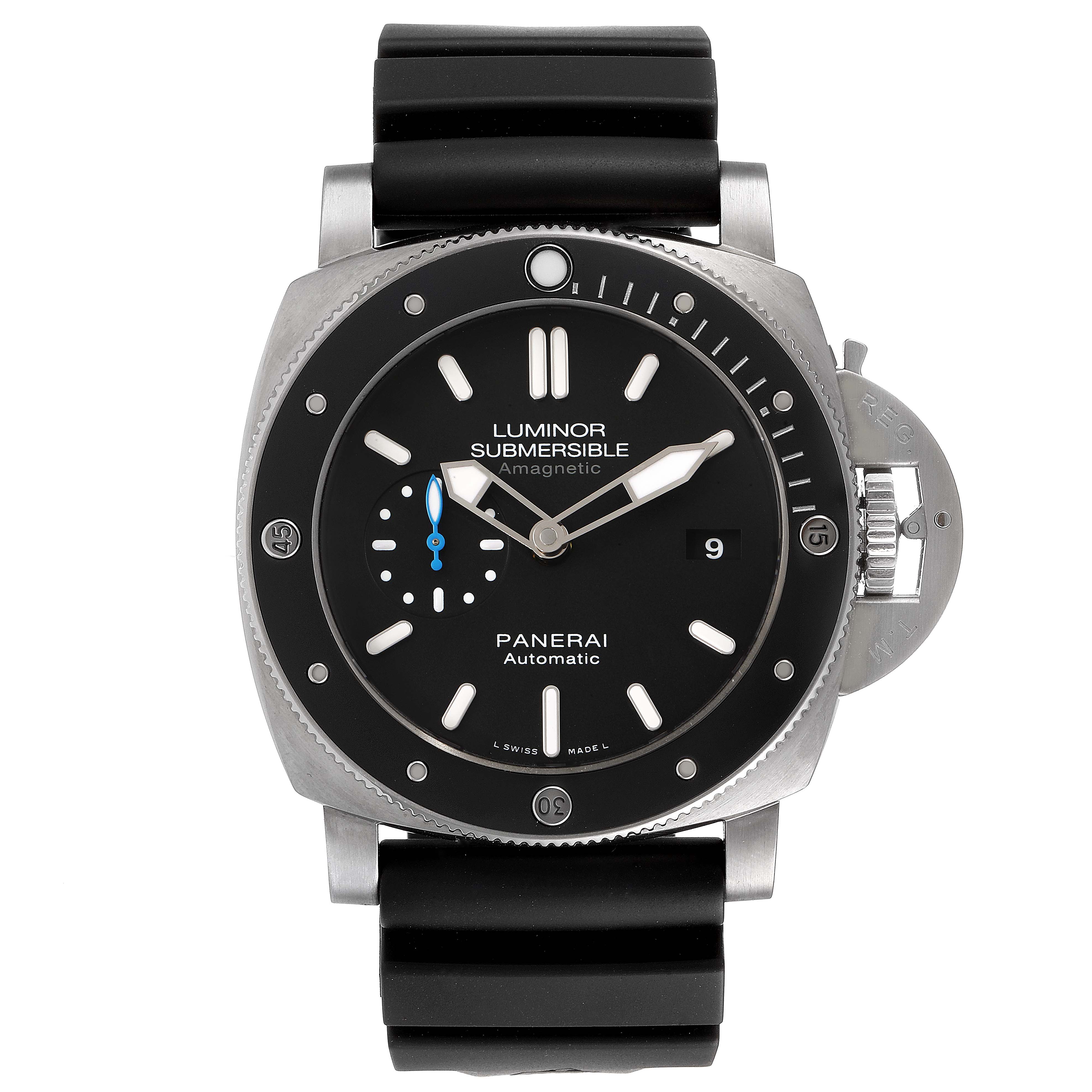 This Panerai Submersible PAM01389 Men's Titanium Black Dial PAM01389 Men's Titanium Black Dial model watch is shown from the front, displaying the dial, bezel, crown guard, and rubber strap.