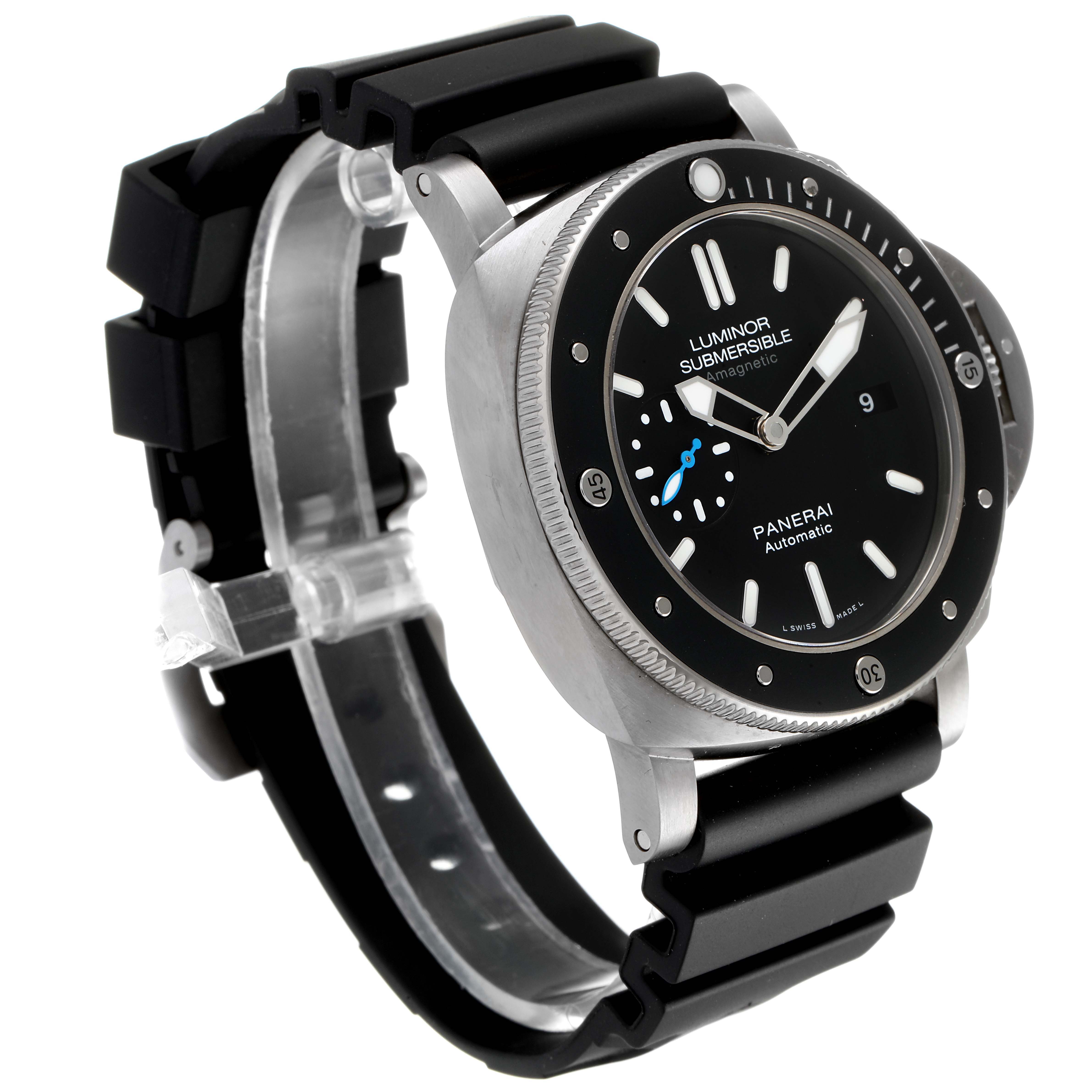 The image shows a Panerai Submersible PAM01389 Men's Titanium Black Dial PAM01389 Men's Titanium Black Dial watch angled from the left side, displaying its face, bezel, and black strap.