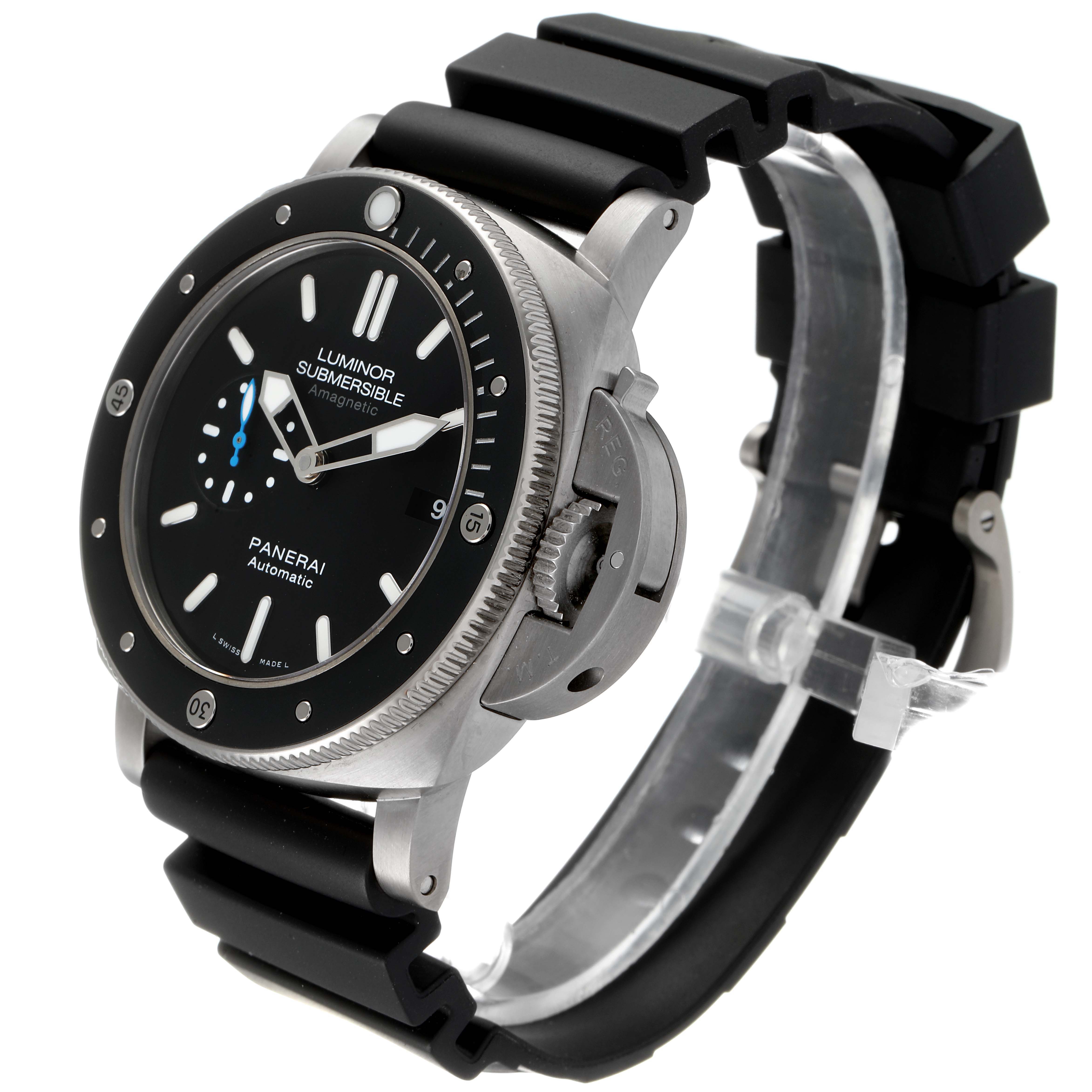 The Panerai Submersible PAM01389 Men's Titanium Black Dial PAM01389 Men's Titanium Black Dial watch is shown at a slight angle, highlighting the watch face, bezel, crown guard, and rubber strap.