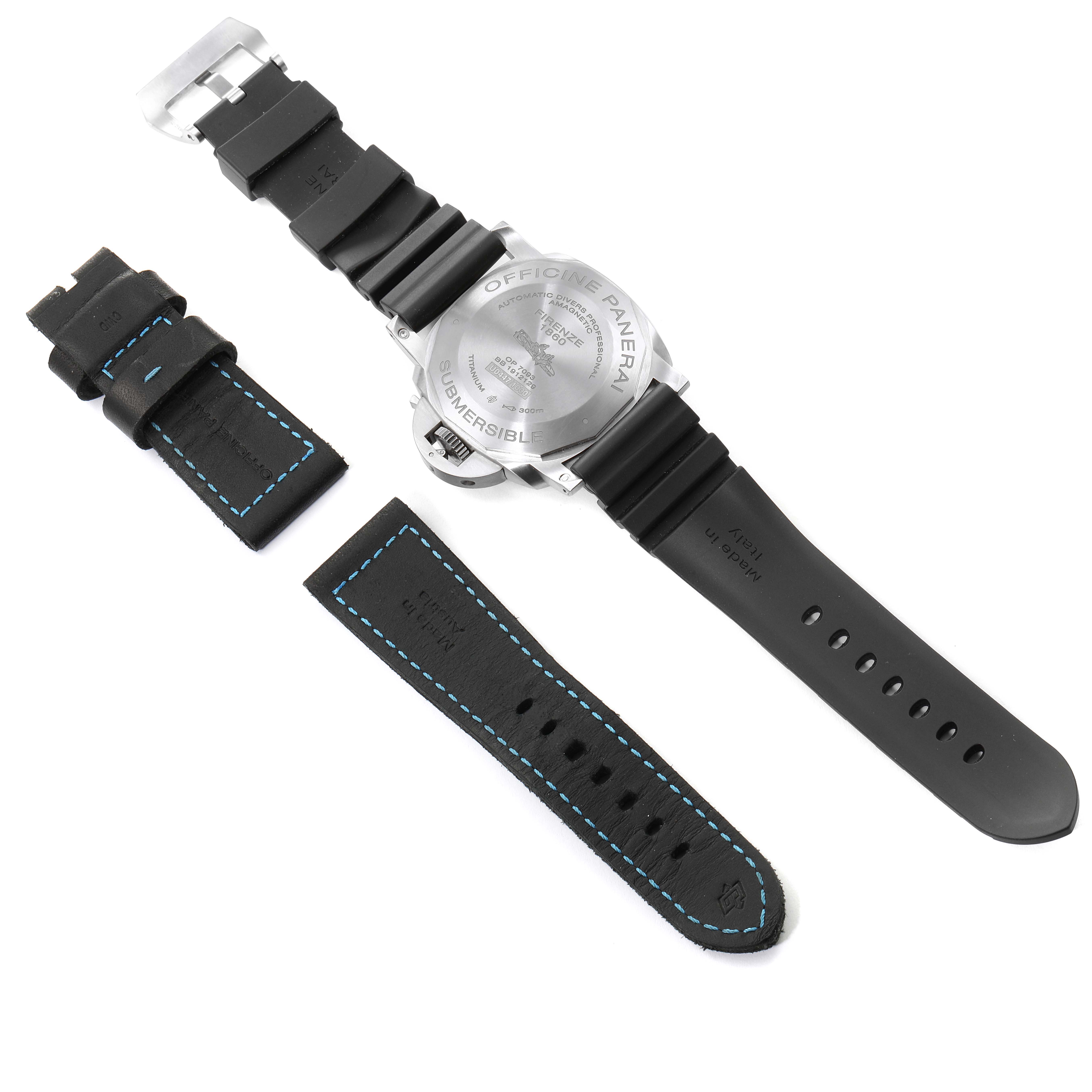 The image shows the back of a Panerai Submersible PAM01389 Men's Titanium Black Dial PAM01389 Men's Titanium Black Dial watch along with two additional strap pieces.