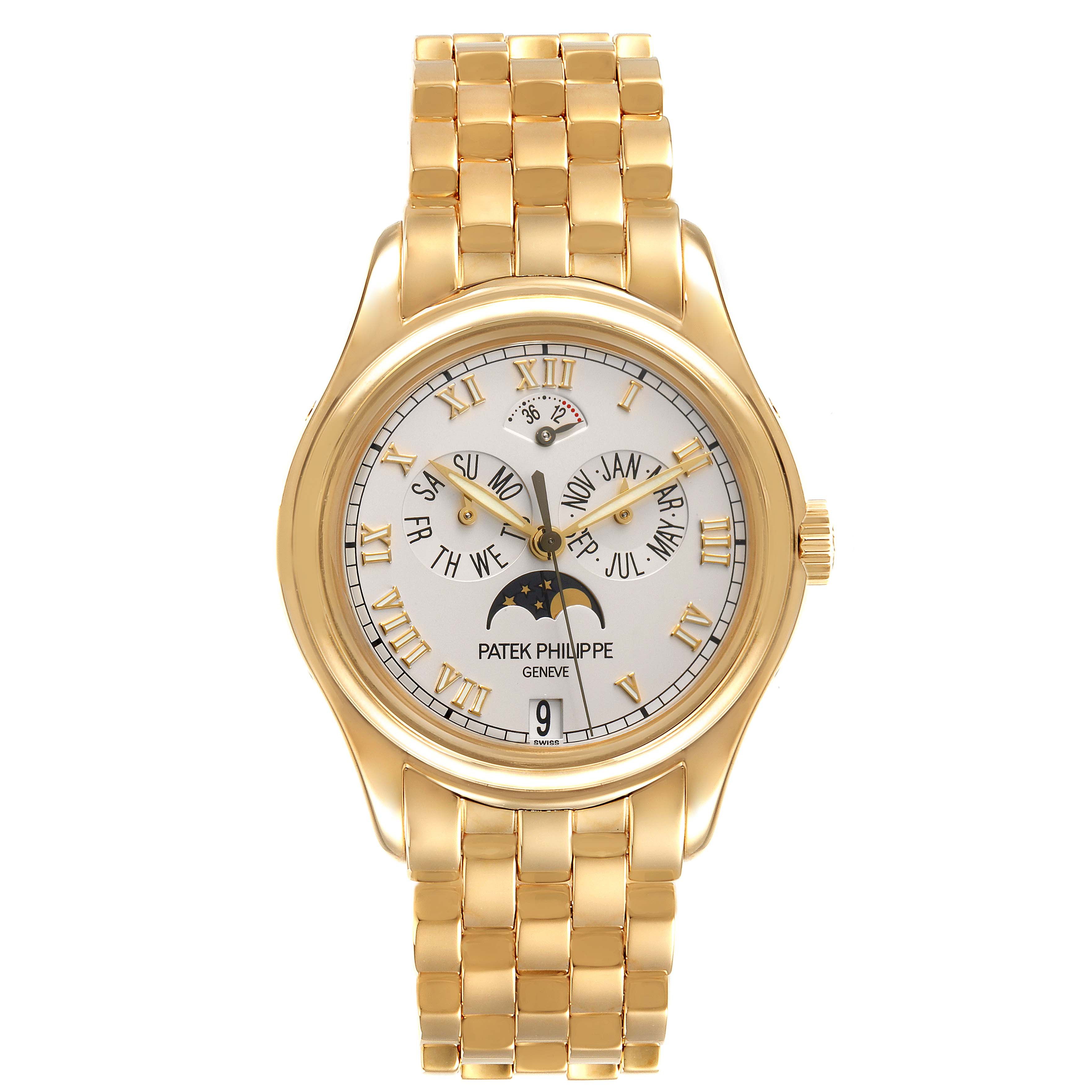 The Patek Philippe 5036/1J Men's Yellow Gold White Dial 5036/1J Men's Yellow Gold White Dial Annual Calendar Moonphase Yellow Gold Men's Watch 5036 is shown from the front, revealing its dial, bracelet, and case.