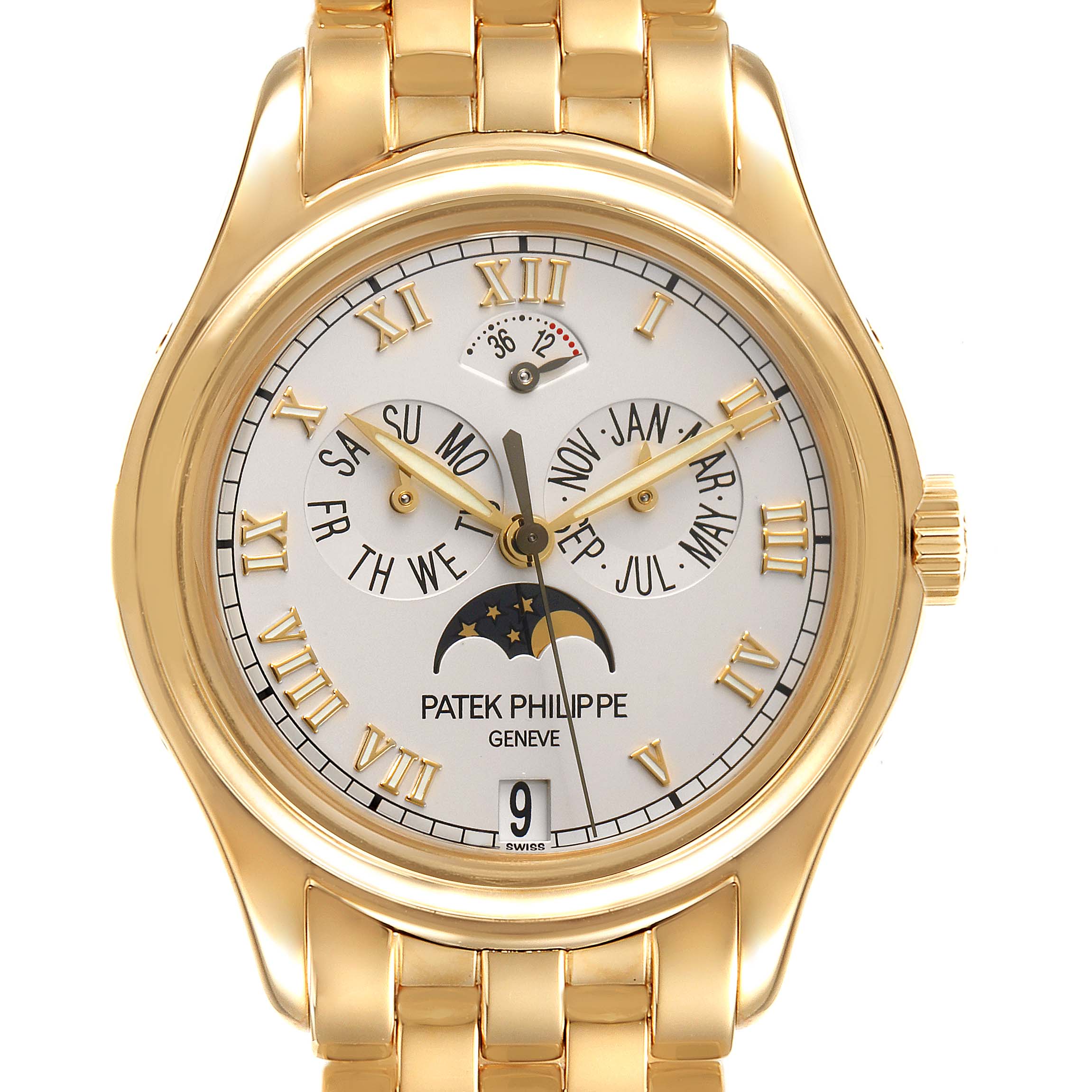 This image shows a frontal view of the Patek Philippe 5036/1J Men's Yellow Gold White Dial 5036/1J Men's Yellow Gold White Dial Annual Calendar Moonphase Yellow Gold Mens Watch 5036 model.