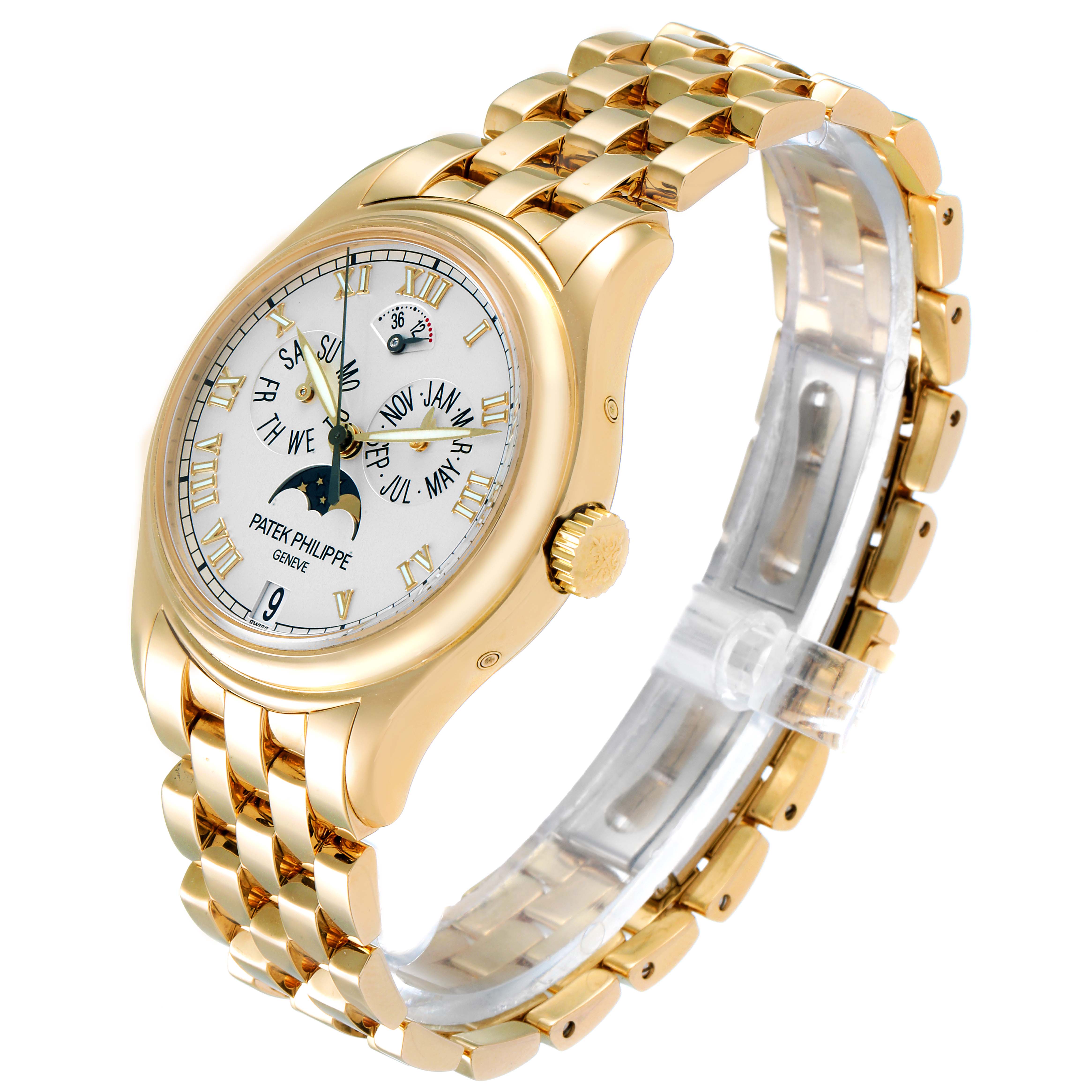 The image shows a side-angle view of the Patek Philippe 5036/1J Men's Yellow Gold White Dial 5036/1J Men's Yellow Gold White Dial Annual Calendar Moonphase Yellow Gold Men's Watch model 5036, displaying the dial, case, and bracelet.