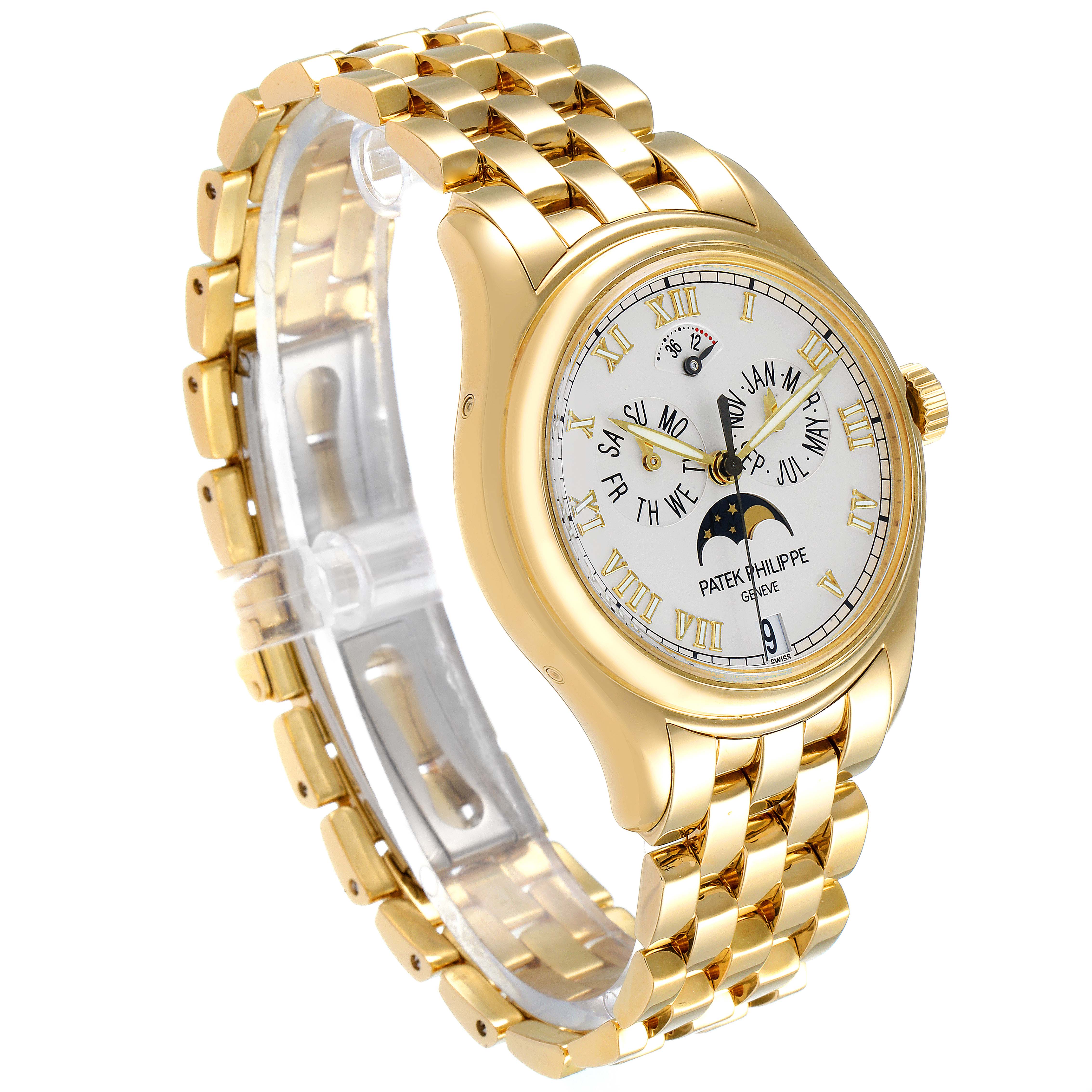 The image shows a Patek Philippe 5036/1J Men's Yellow Gold White Dial 5036/1J Men's Yellow Gold White Dial Annual Calendar Moonphase Yellow Gold Mens Watch 5036 at an angled side view with a focus on the dial and bracelet.