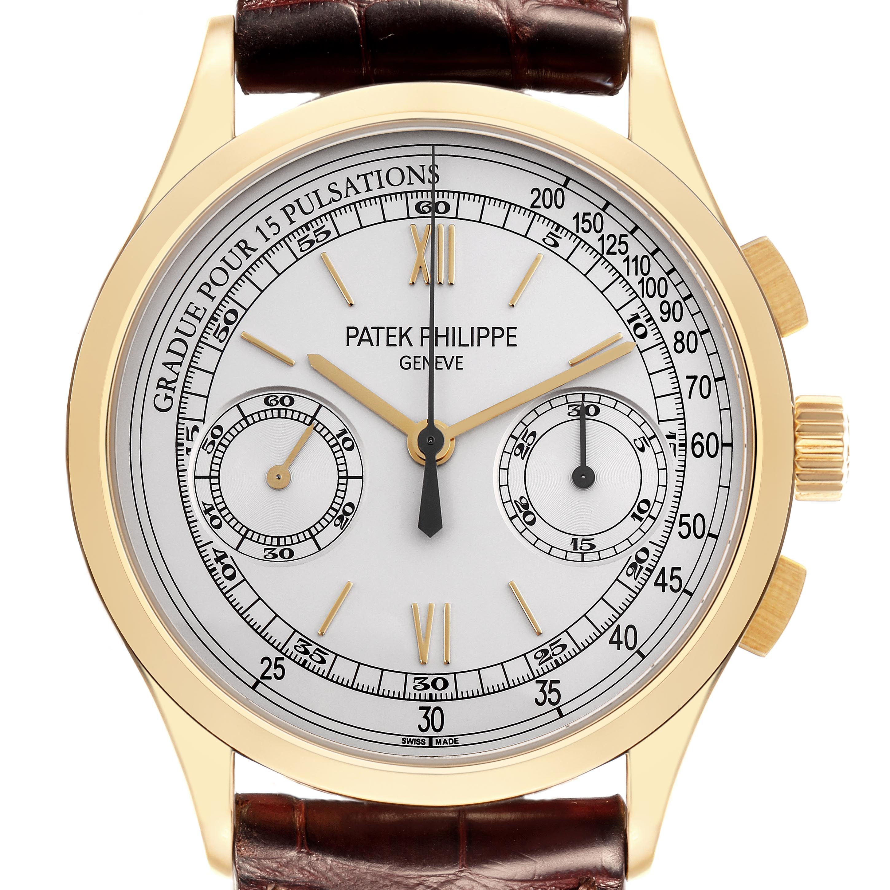 The Patek Philippe Complications 5170J Men
s Yellow Gold Silver Dial 5170J Men
s Yellow Gold Silver Dial watch is shown from the front, displaying its gold case, white dial, subdials, and brown leather strap.