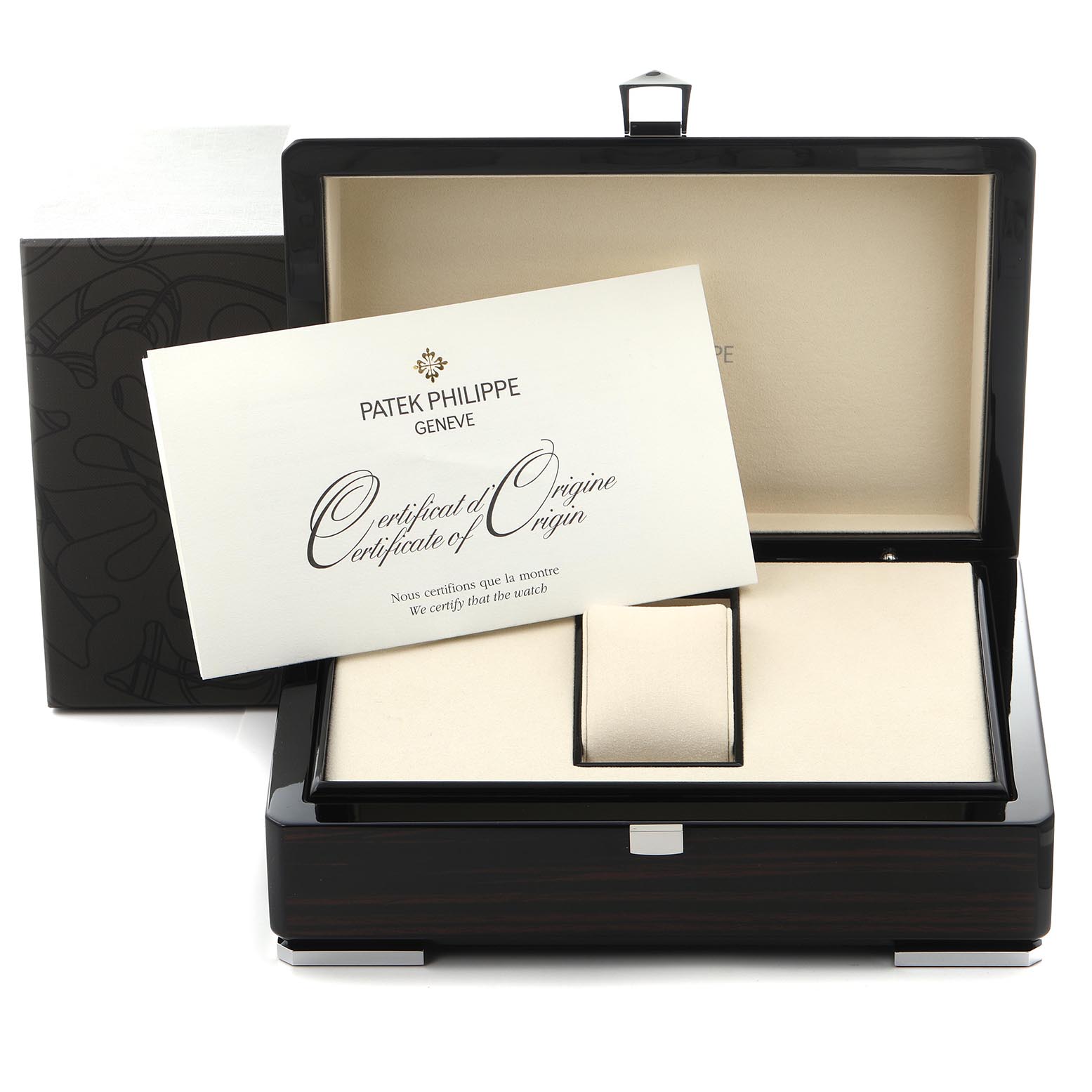 The image shows a Patek Philippe Complications 5170J Men
s Yellow Gold Silver Dial 5170J Men
s Yellow Gold Silver Dial watch box, certificate, and interior padding from a front angle.