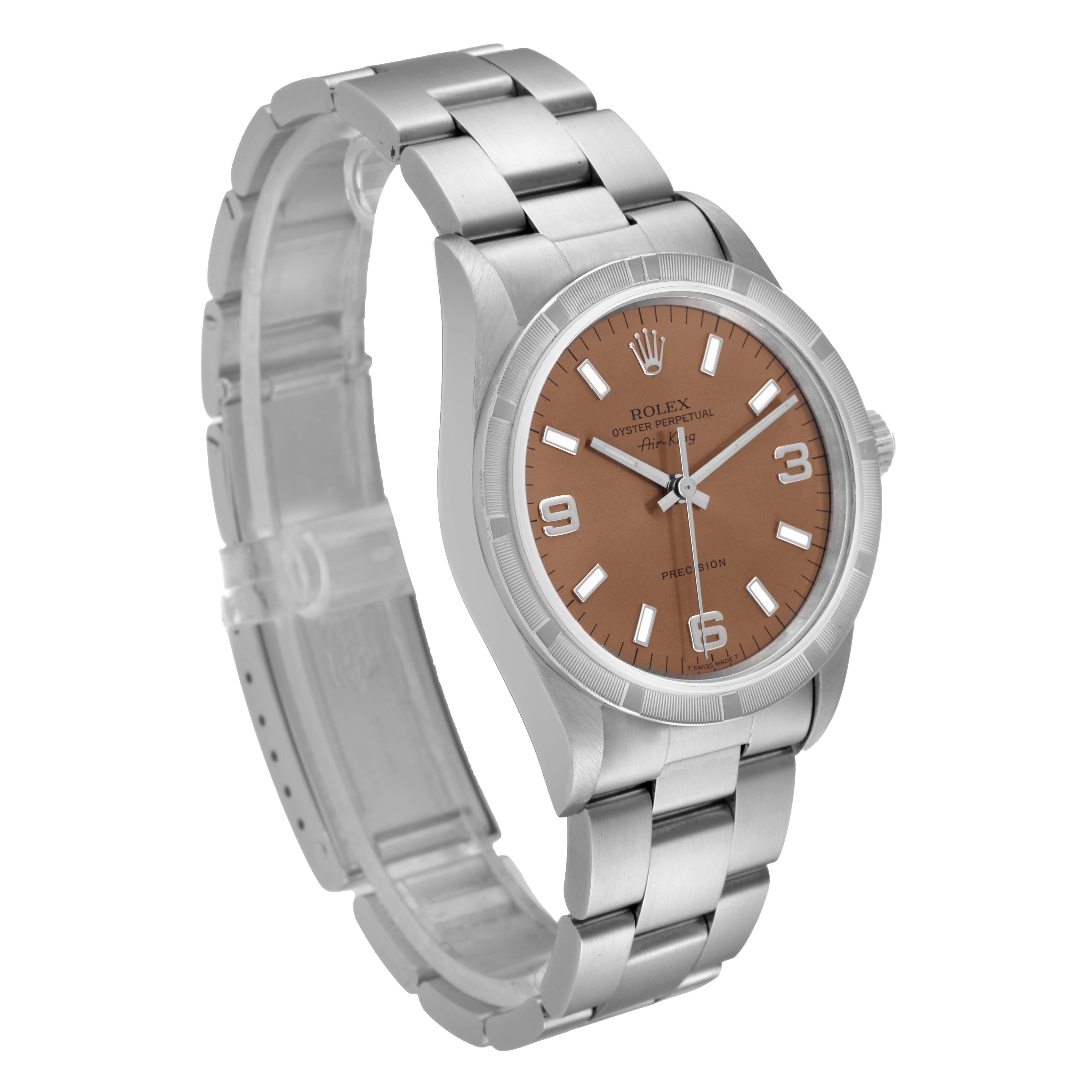 The image shows a Rolex Air-King 14010 Men's Stainless Steel Pink Dial 14010 Men's Stainless Steel Pink Dial watch at a three-quarter angle, highlighting the dial, bezel, and bracelet.