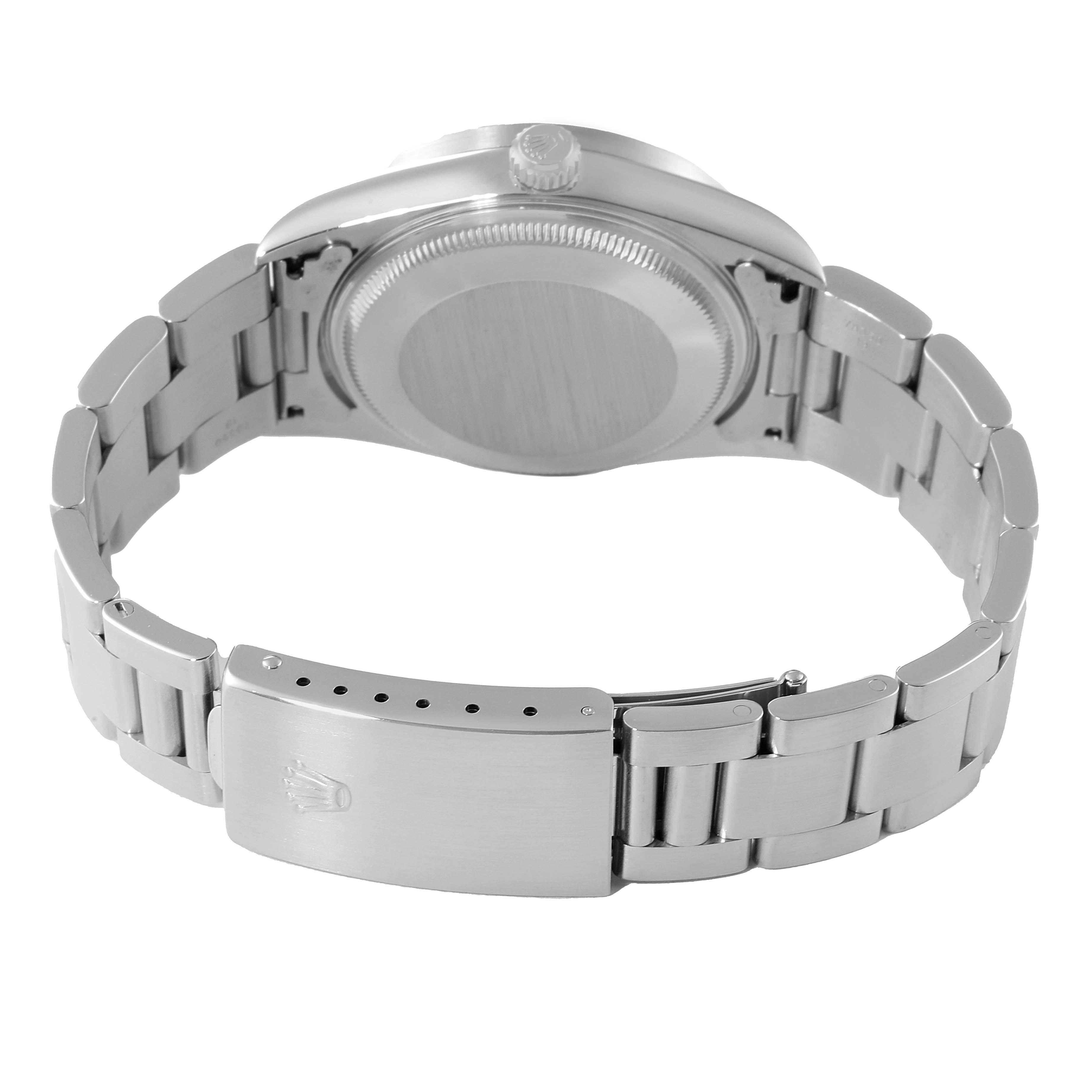 This image shows the back and bracelet of a Rolex Air-King 14010 Men's Stainless Steel Pink Dial 14010 Men's Stainless Steel Pink Dial watch, focusing on the clasp and case back.