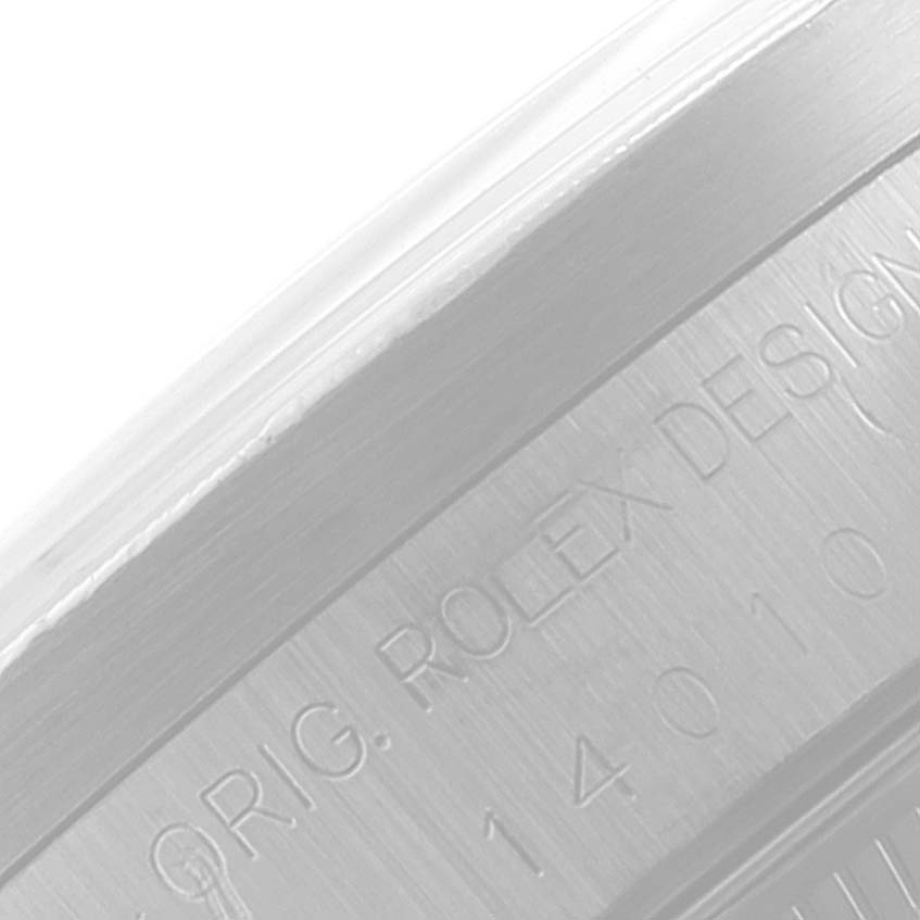 This image shows a close-up of the engraved text on the side of the Rolex Air-King 14010 Men's Stainless Steel Pink Dial 14010 Men's Stainless Steel Pink Dial watch case.