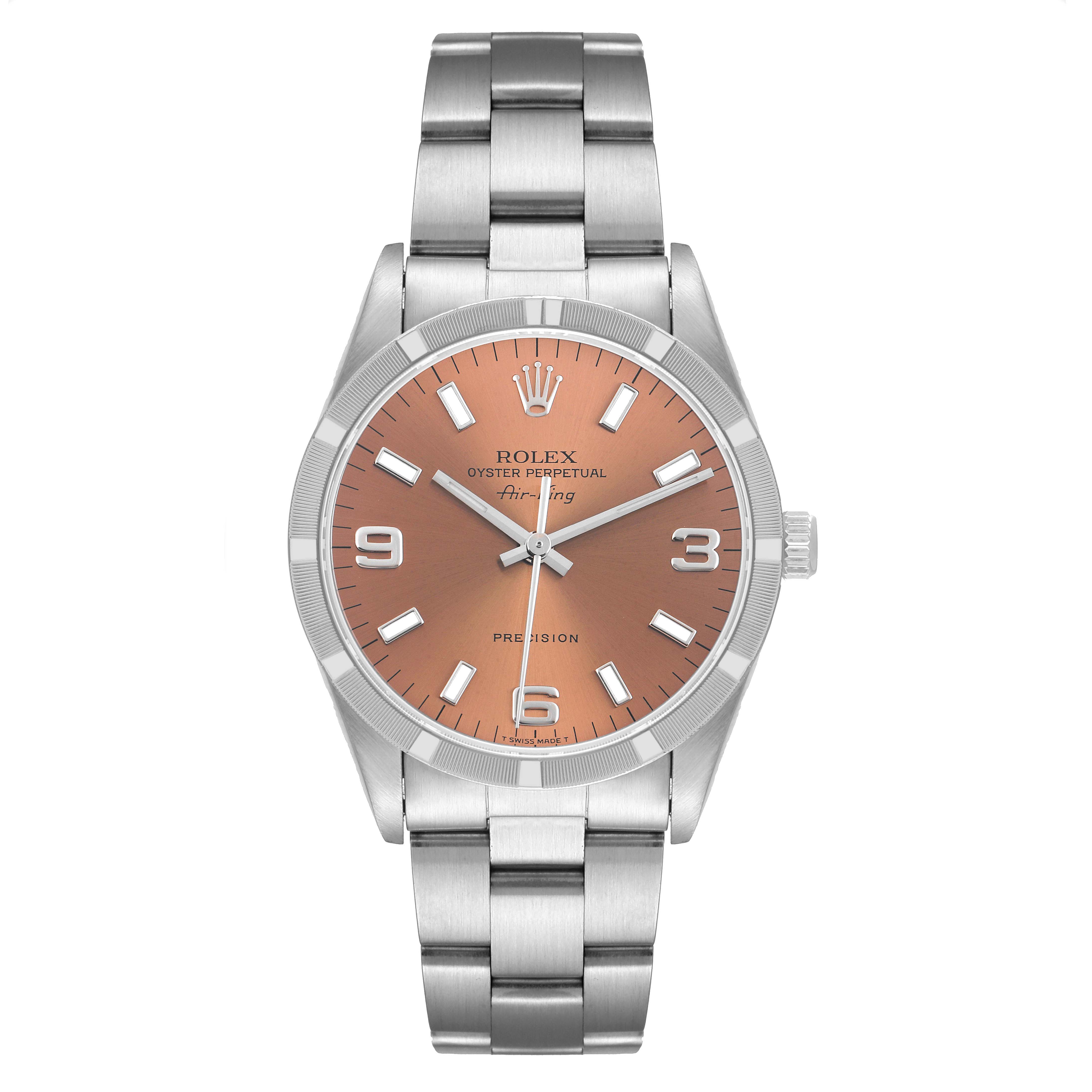 The image shows a front view of the Rolex Air-King 14010 Men's Stainless Steel Pink Dial 14010 Men's Stainless Steel Pink Dial watch, displaying its dial, bezel, and bracelet.