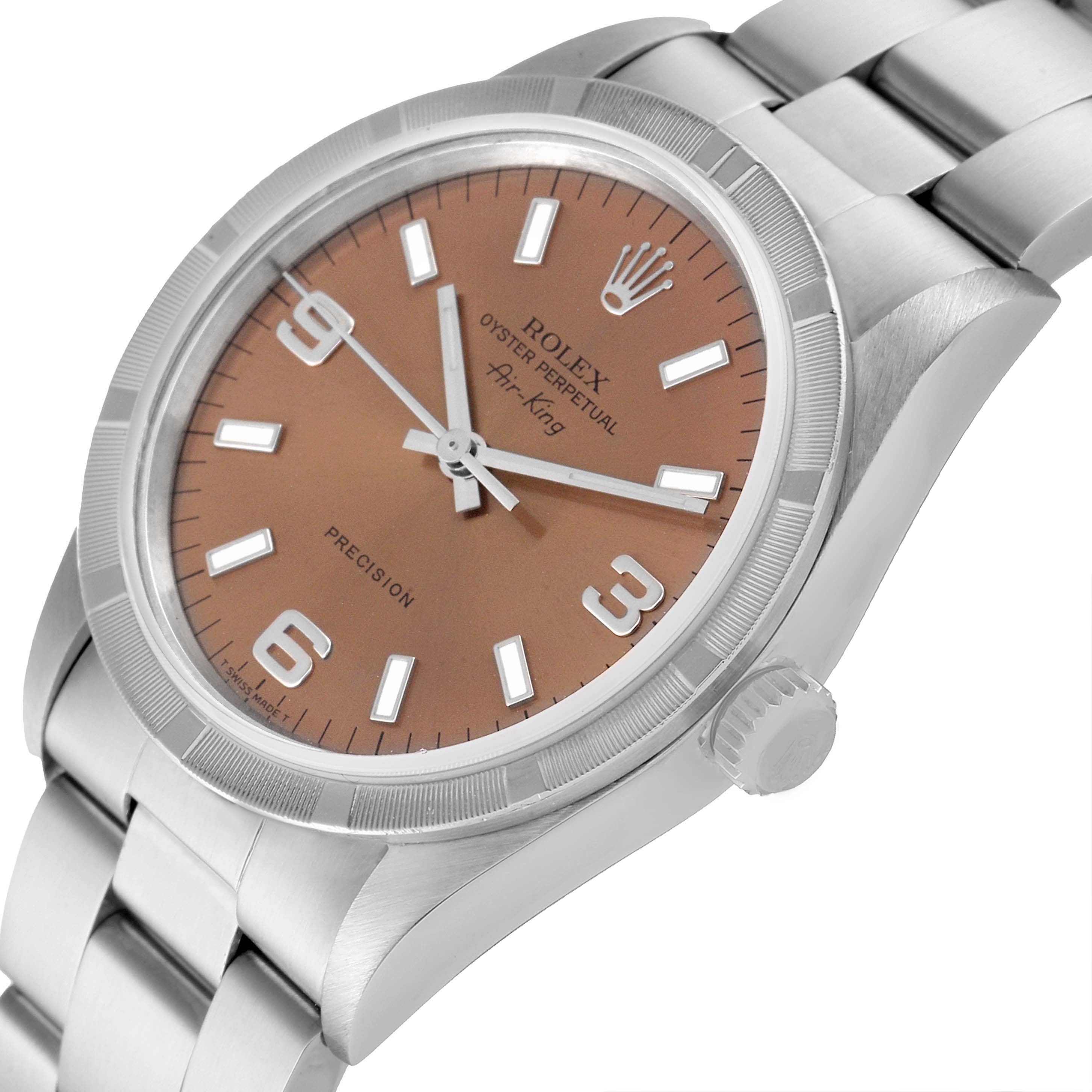 The image shows a Rolex Air-King 14010 Men's Stainless Steel Pink Dial 14010 Men's Stainless Steel Pink Dial watch at an angle, highlighting the dial, crown, and part of the bracelet.