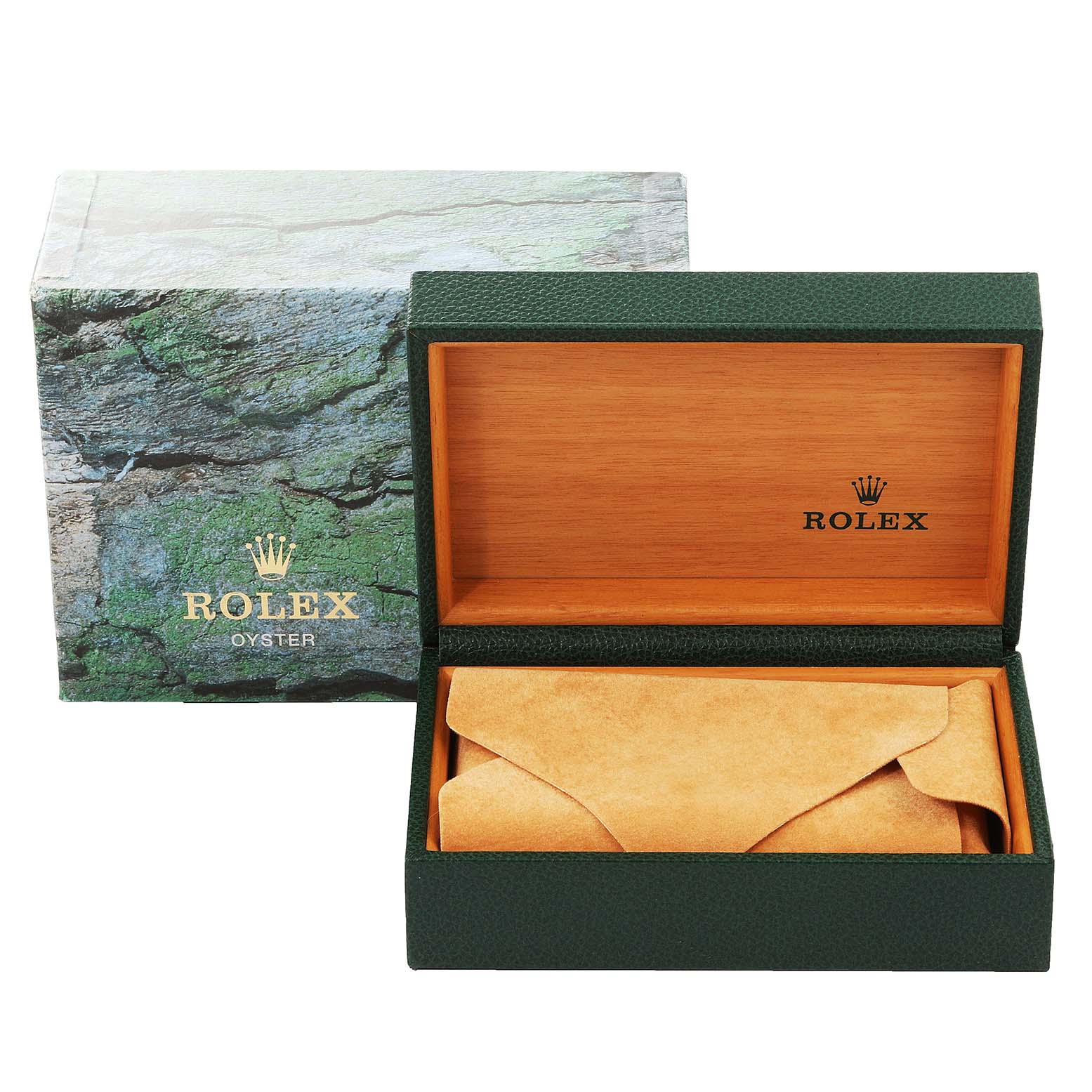 The image shows a green Rolex Air-King 14010 Men's Stainless Steel Pink Dial 14010 Men's Stainless Steel Pink Dial watch box with an open lid, revealing a wooden interior and a leather pouch inside.