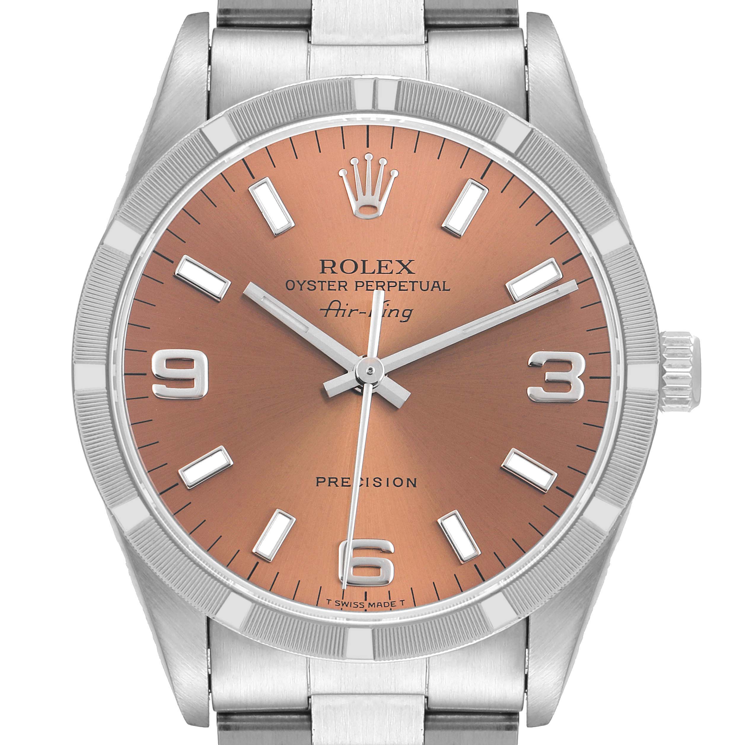 The image shows a front view of the Rolex Air-King 14010 Men's Stainless Steel Pink Dial 14010 Men's Stainless Steel Pink Dial watch, highlighting the dial, hands, crown, and bracelet.