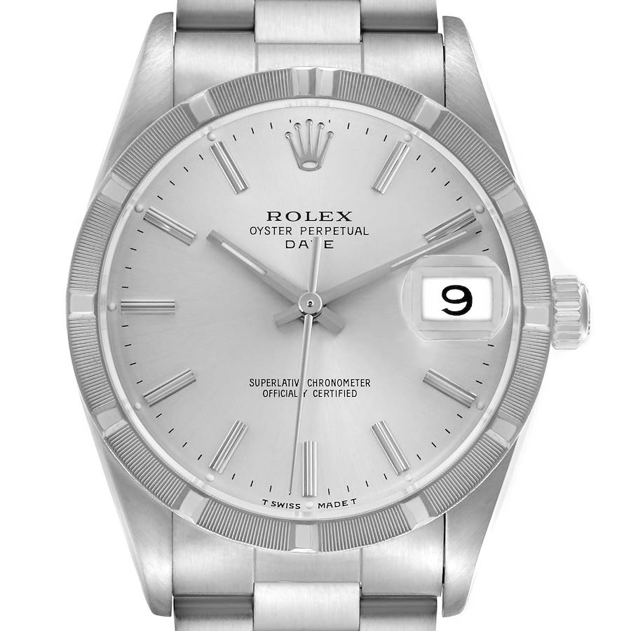The Rolex Date model is shown from a front angle, highlighting its dial, bezel, crown, and bracelet.