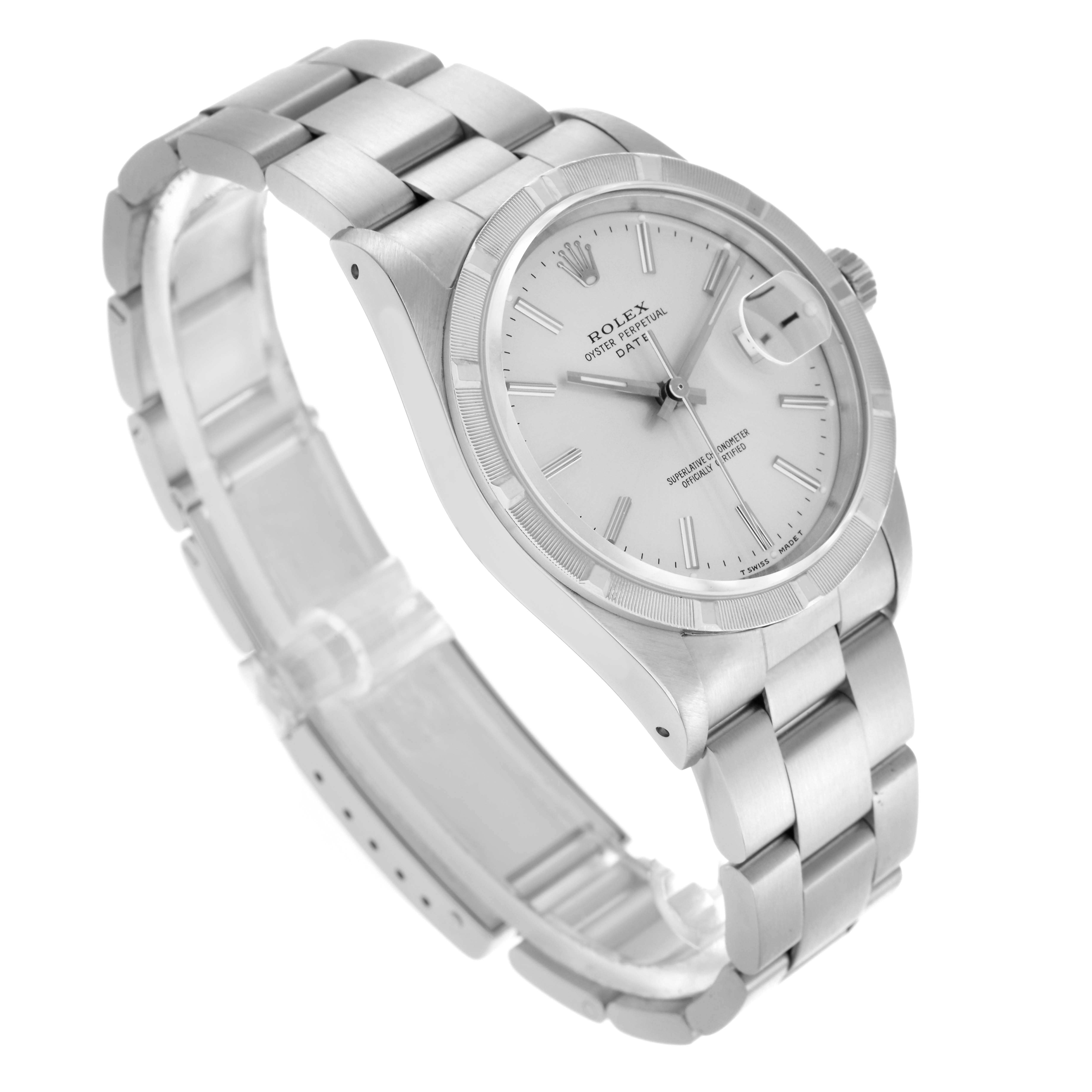 This Rolex Date 15210 Men
s Stainless Steel Silver Dial 15210 Men
s Stainless Steel Silver Dial model watch is shown at a three-quarter angle, highlighting the dial, bezel, and bracelet.