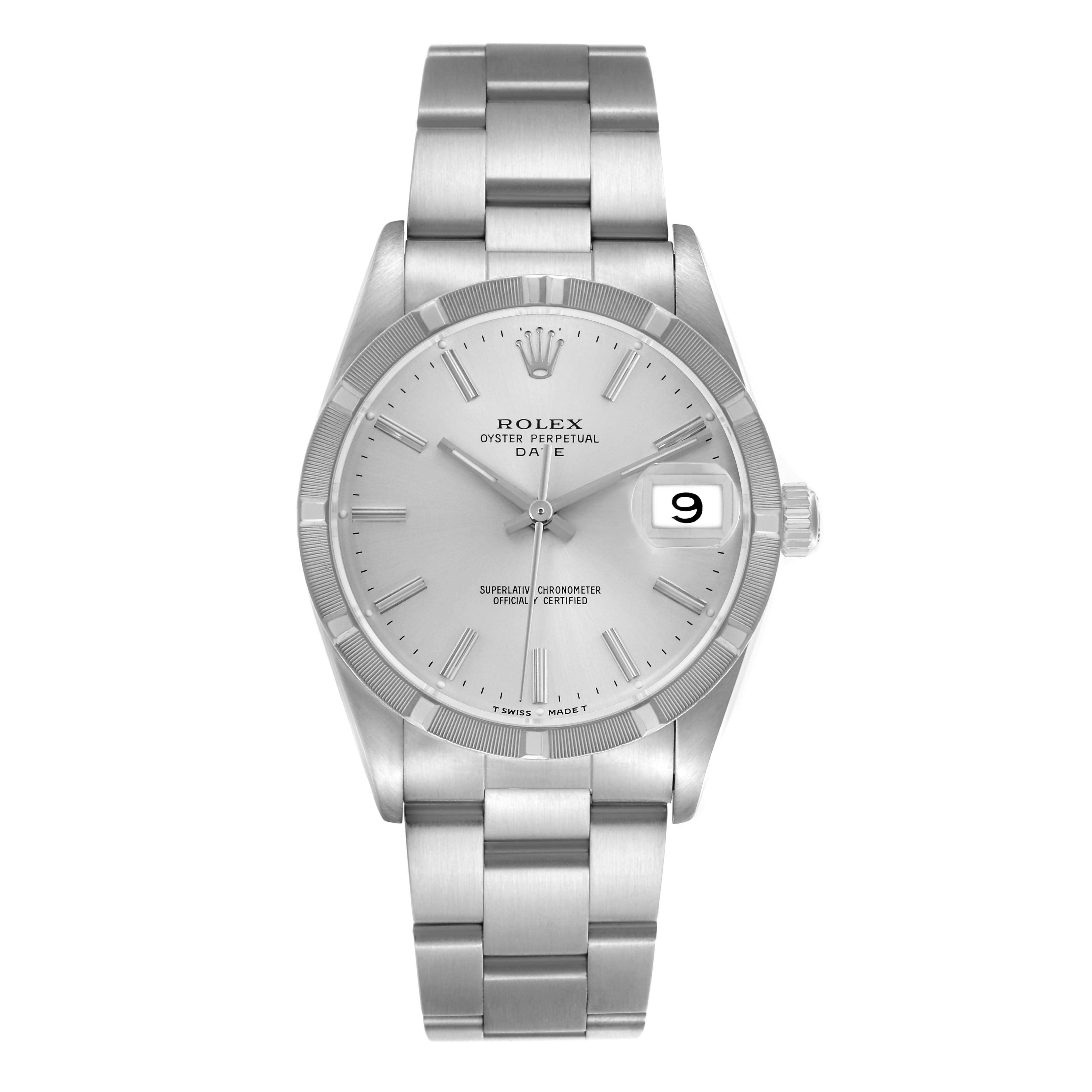 The Rolex Date 15210 Men
s Stainless Steel Silver Dial 15210 Men
s Stainless Steel Silver Dial watch is shown from a top-down angle, displaying the face, bezel, bracelet, and crown.
