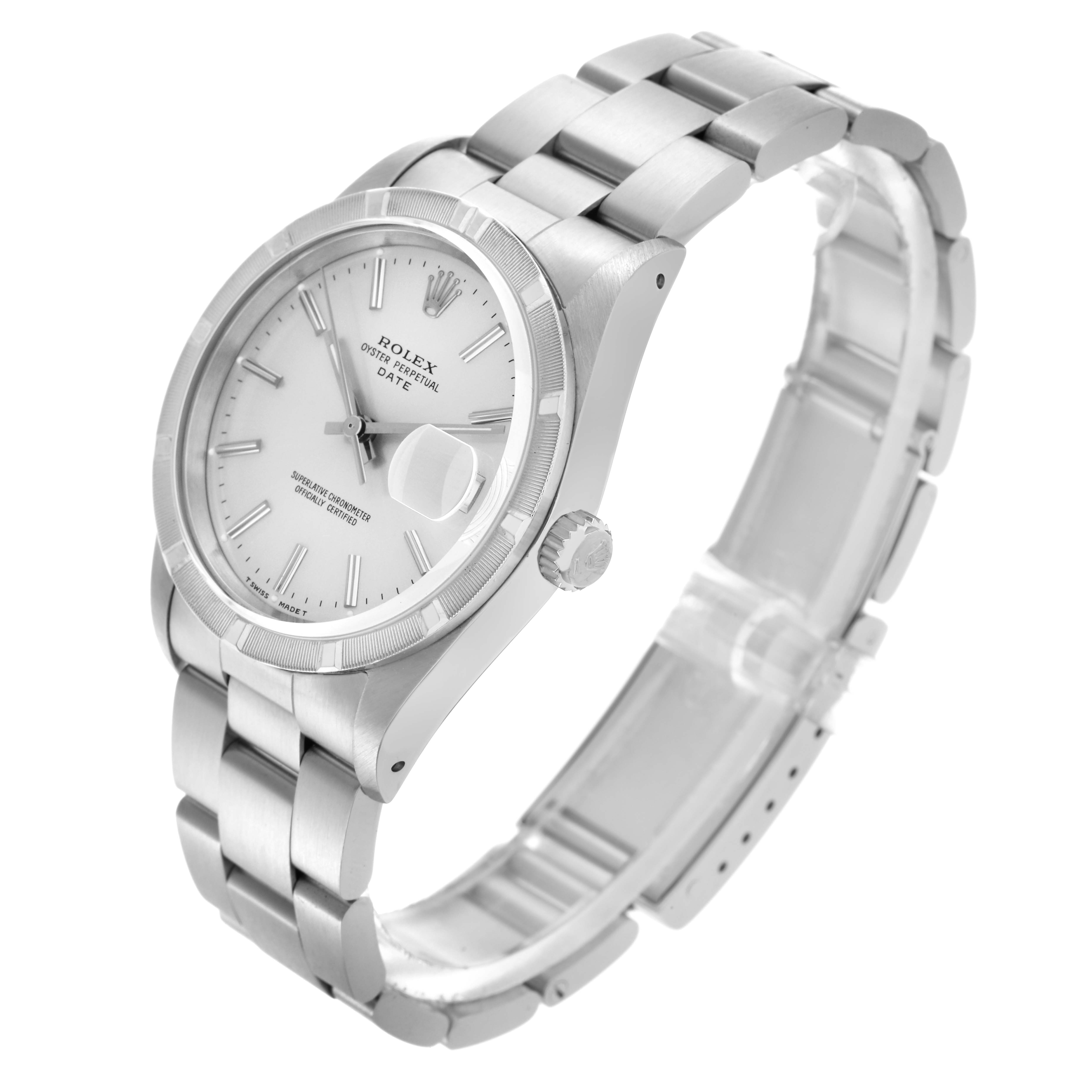 The Rolex Date 15210 Men
s Stainless Steel Silver Dial 15210 Men
s Stainless Steel Silver Dial model watch is shown at an angled side view, showcasing the dial, bezel, crown, and bracelet.