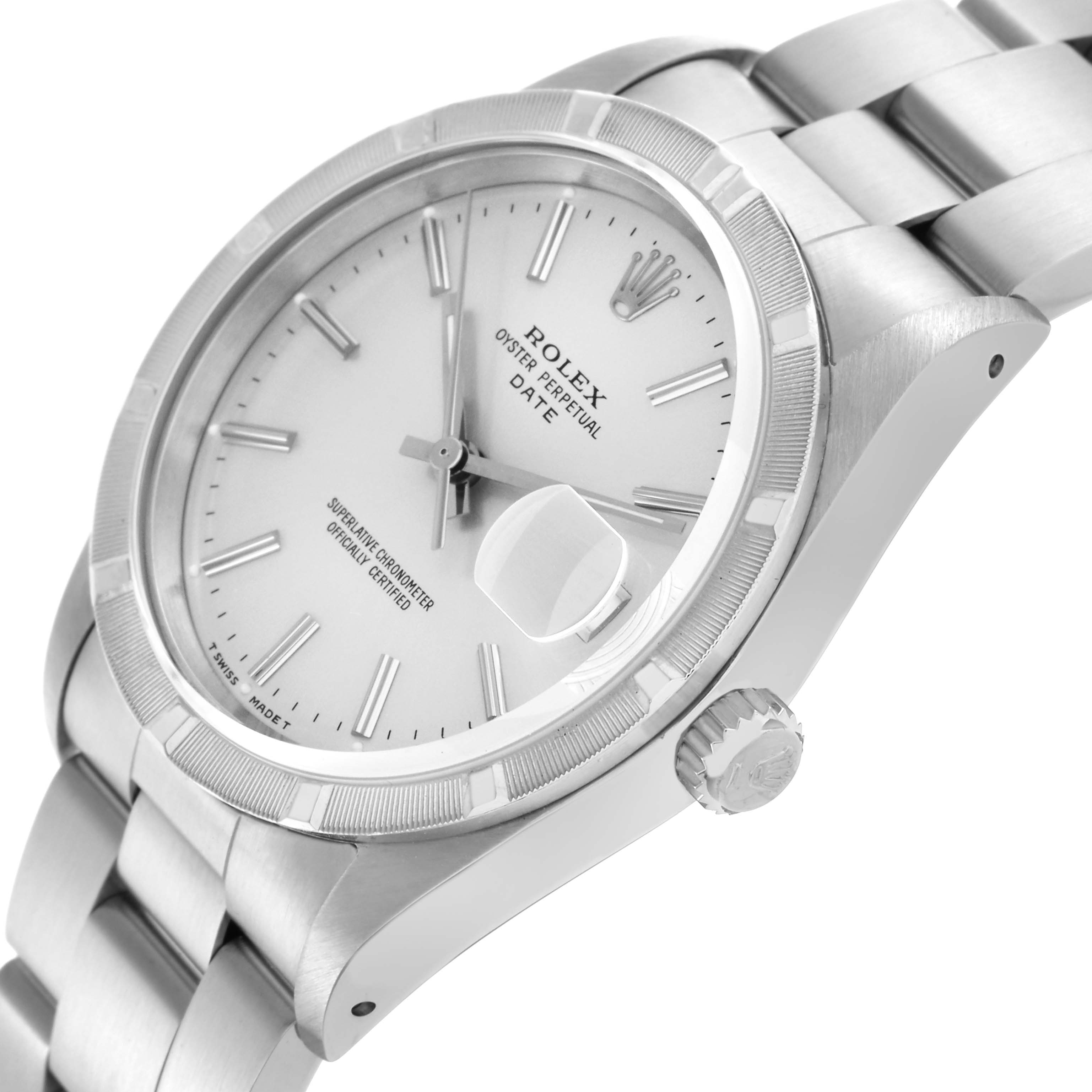 The Rolex Date 15210 Men
s Stainless Steel Silver Dial 15210 Men
s Stainless Steel Silver Dial model watch is shown at a slight angle highlighting the dial, bracelet, case, and crown.