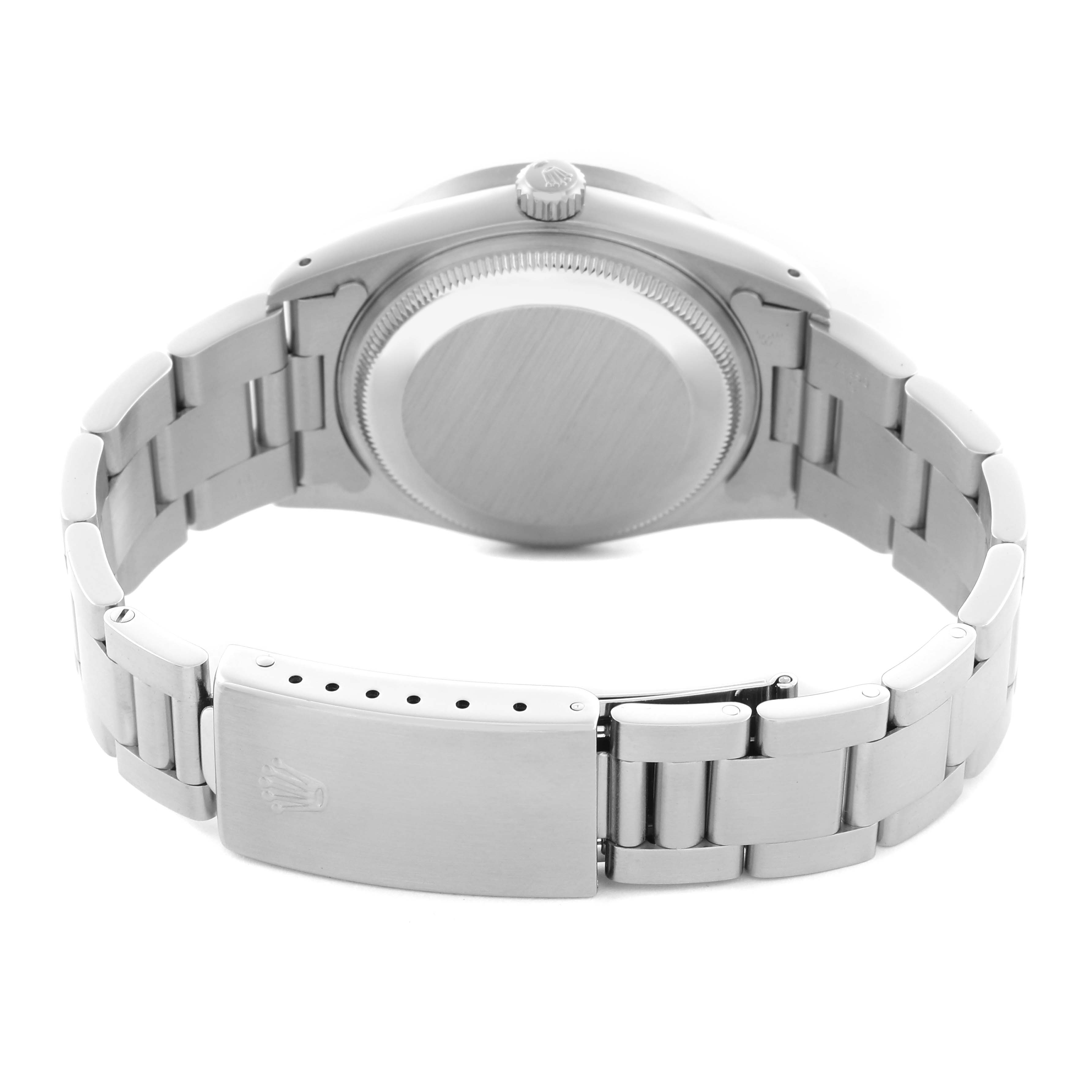 The image shows the back view of a Rolex Date 15210 Men
s Stainless Steel Silver Dial 15210 Men
s Stainless Steel Silver Dial, highlighting the case back, bracelet, clasp, and crown.