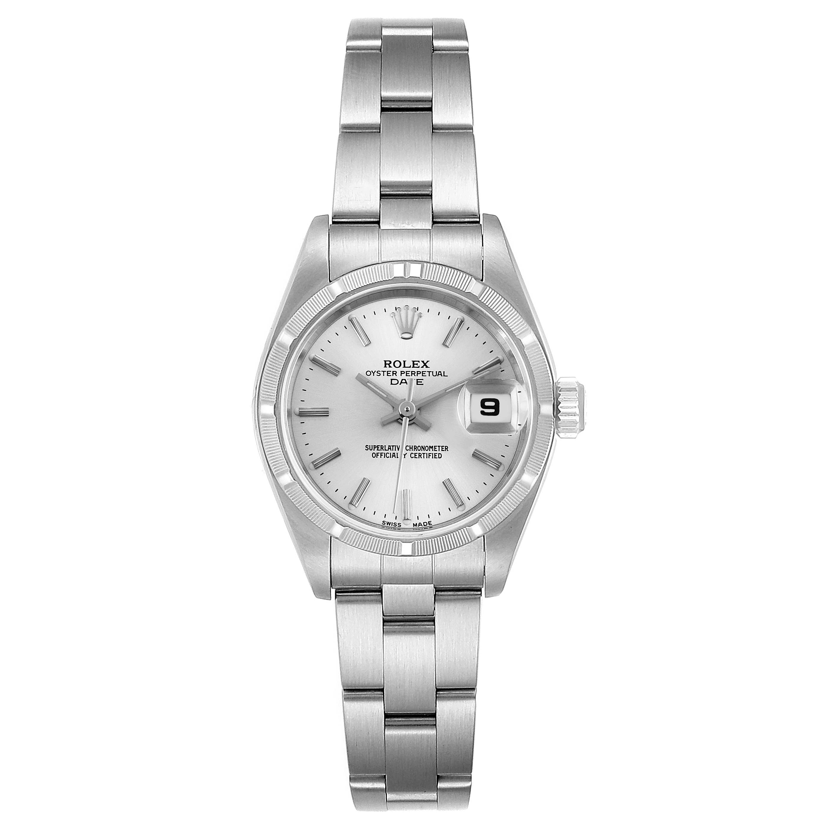 This image shows a front view of a Rolex Date 79190 Women's Stainless Steel Silver Dial 79190 Women's Stainless Steel Silver Dial model, highlighting the dial, bezel, bracelet, and date window.