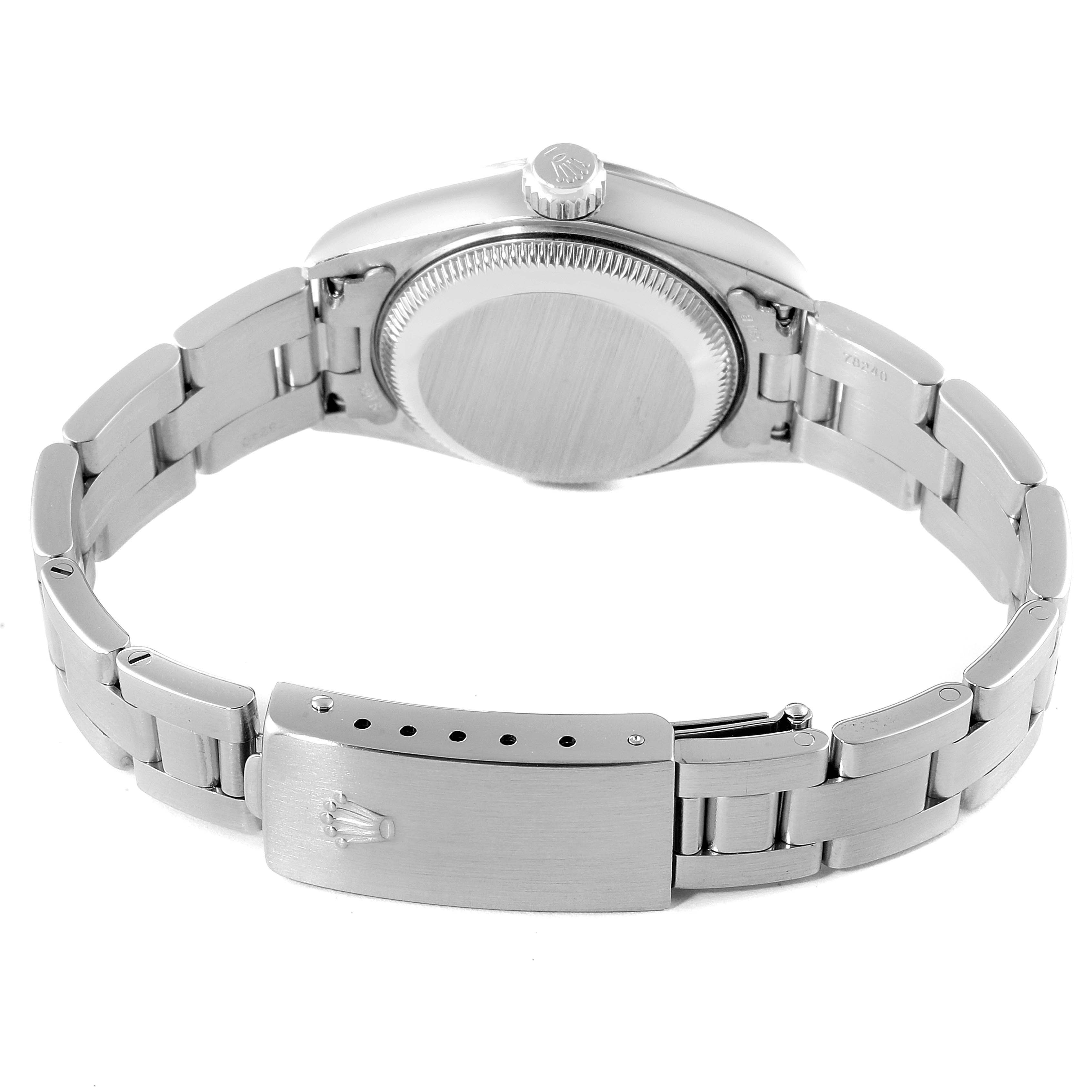 This image shows the back of a Rolex Date 79190 Women's Stainless Steel Silver Dial 79190 Women's Stainless Steel Silver Dial watch, including the case back, the bracelet, and the clasp.