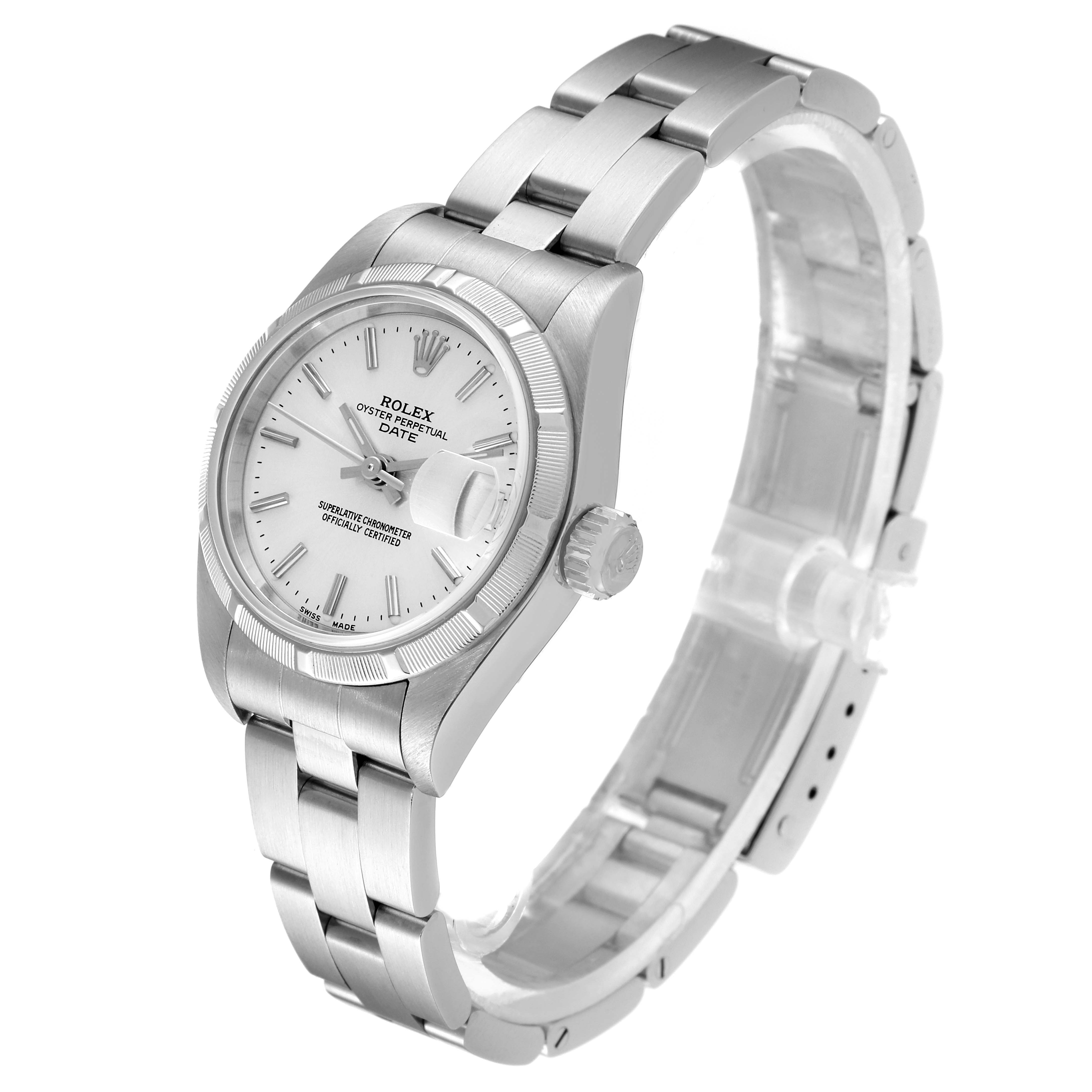 The image shows a Rolex Date 79190 Women's Stainless Steel Silver Dial 79190 Women's Stainless Steel Silver Dial model watch angled slightly from the front, displaying its face, bracelet, and crown.