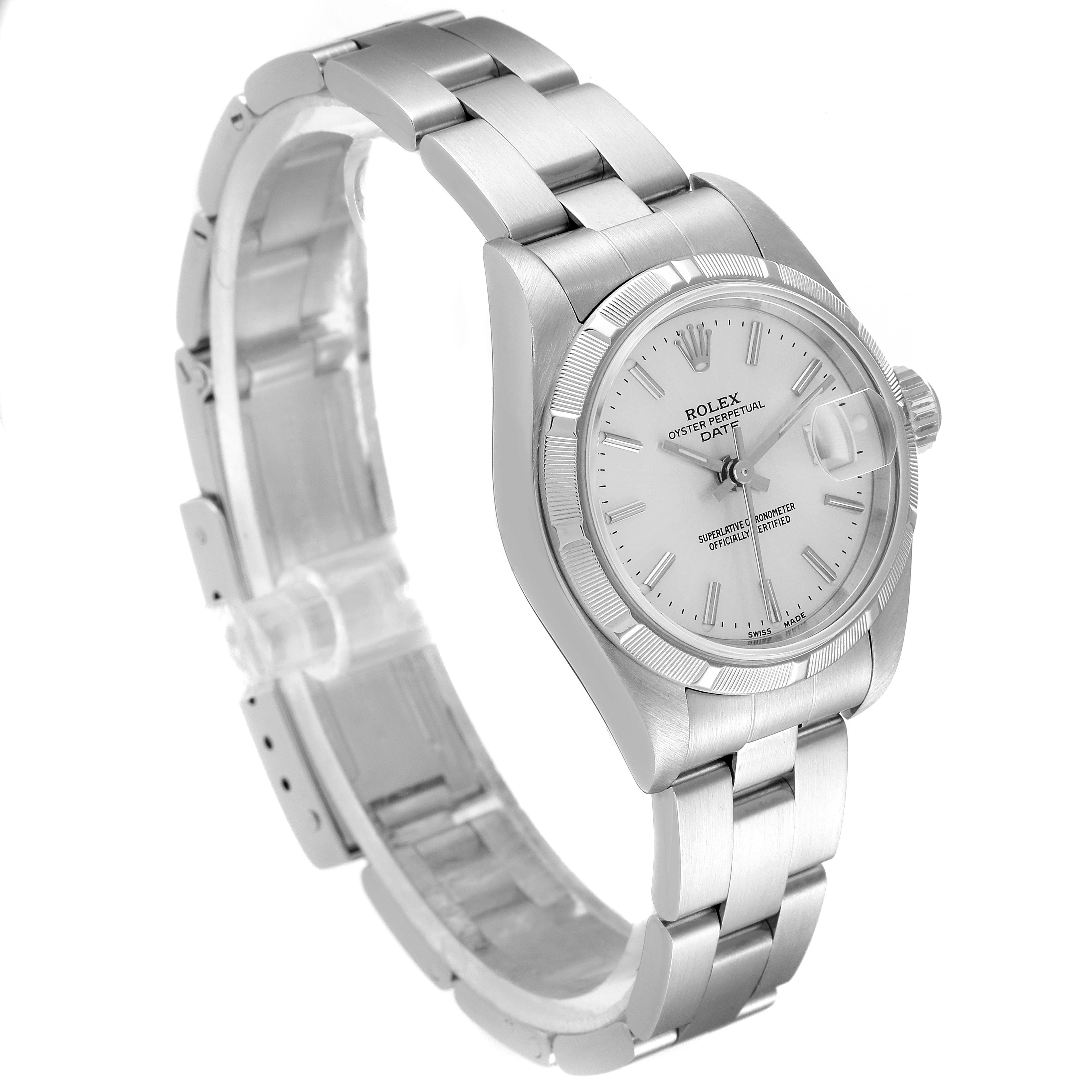 The image shows a side-angle view of a Rolex Date 79190 Women's Stainless Steel Silver Dial 79190 Women's Stainless Steel Silver Dial model watch, highlighting the bracelet, case, dial, and crown.