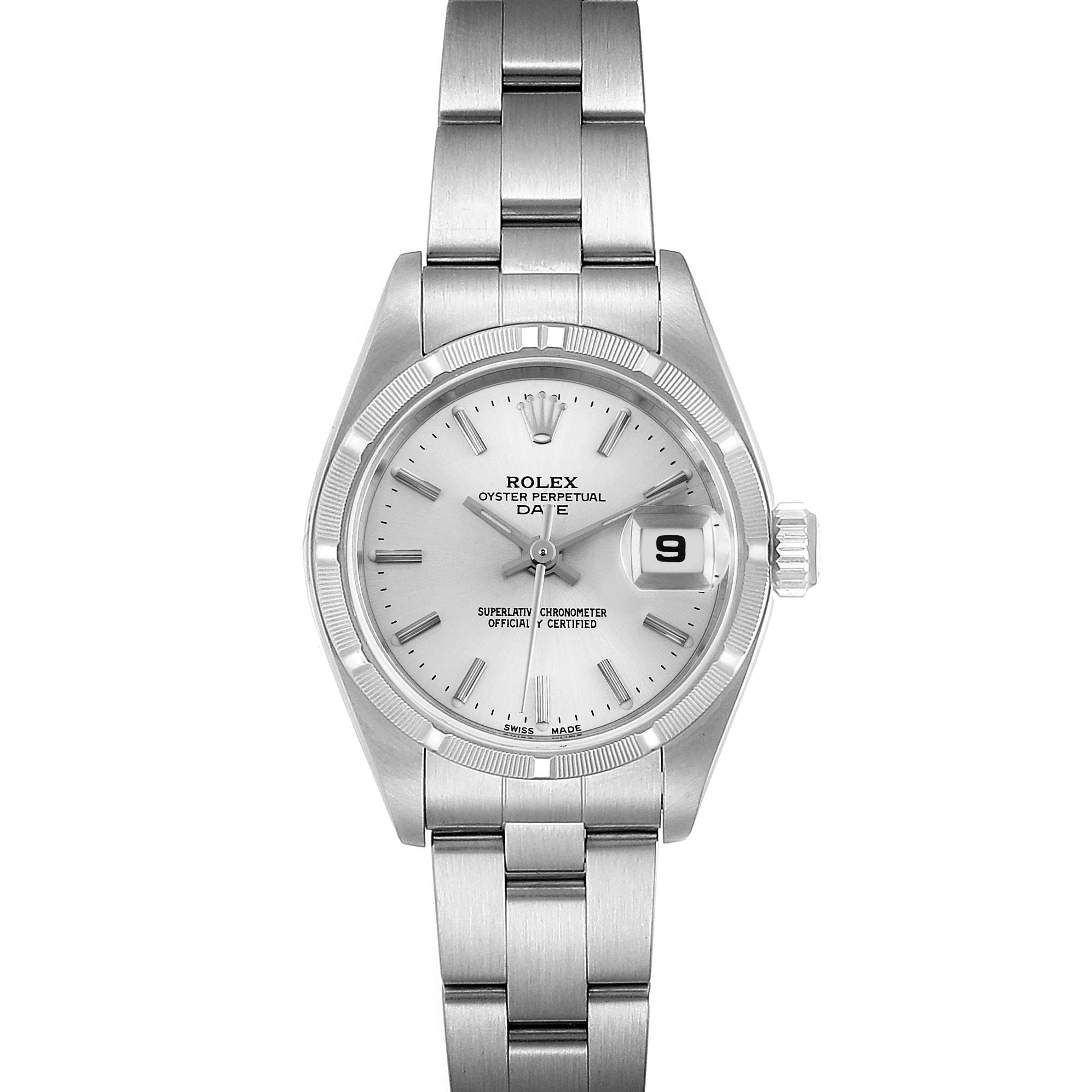 The image shows a front view of the Rolex Date 79190 Women's Stainless Steel Silver Dial 79190 Women's Stainless Steel Silver Dial model watch, displaying its face, bezel, bracelet, and crown.