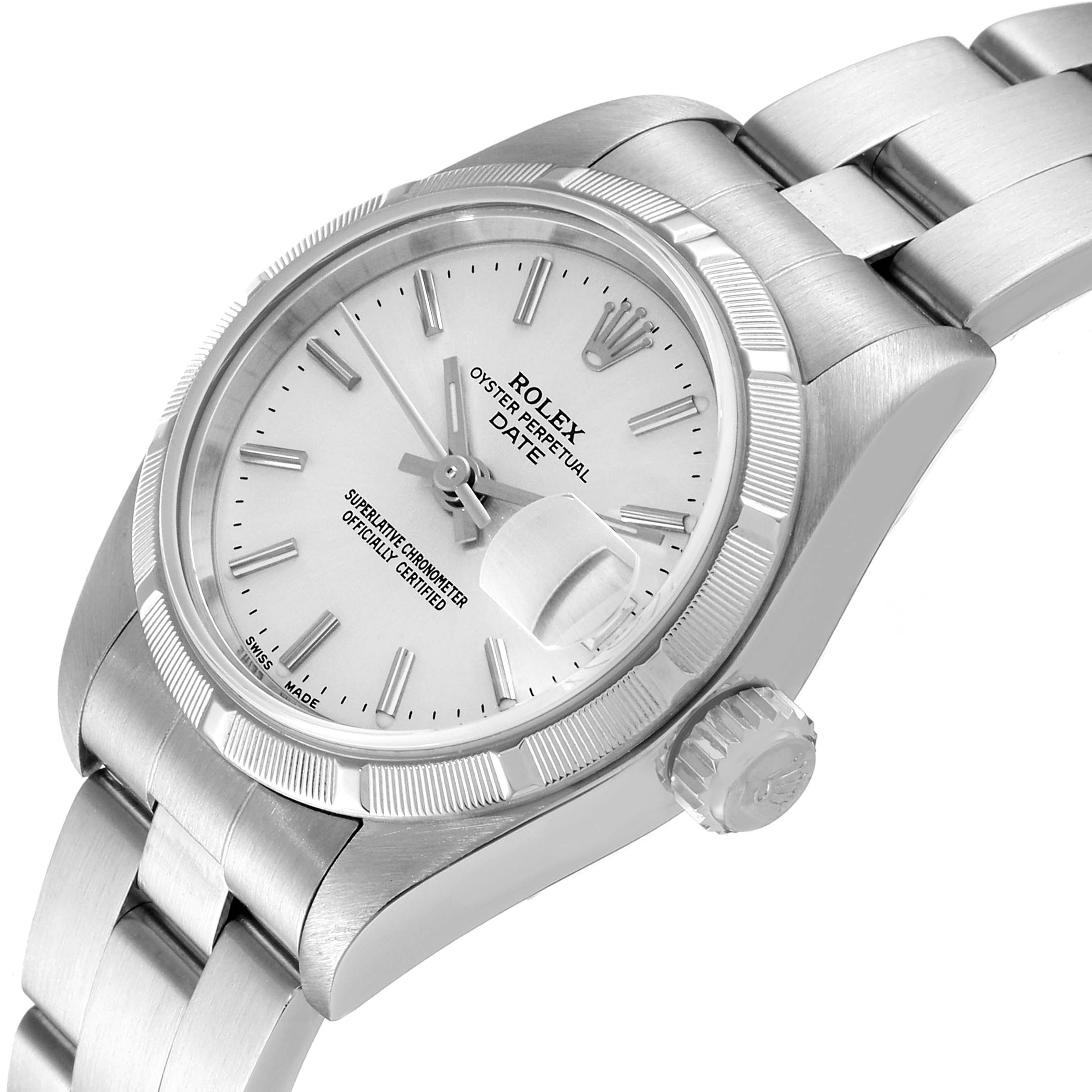 The image shows a Rolex Date 79190 Women's Stainless Steel Silver Dial 79190 Women's Stainless Steel Silver Dial model watch from a slight top-side angle, highlighting the dial, bezel, and part of the bracelet.